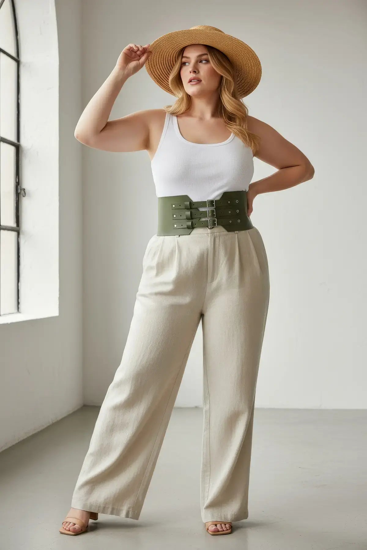 Plus Size khaki triple-buckle corset belt by HarnessClub, vegan leather wide waist cincher.