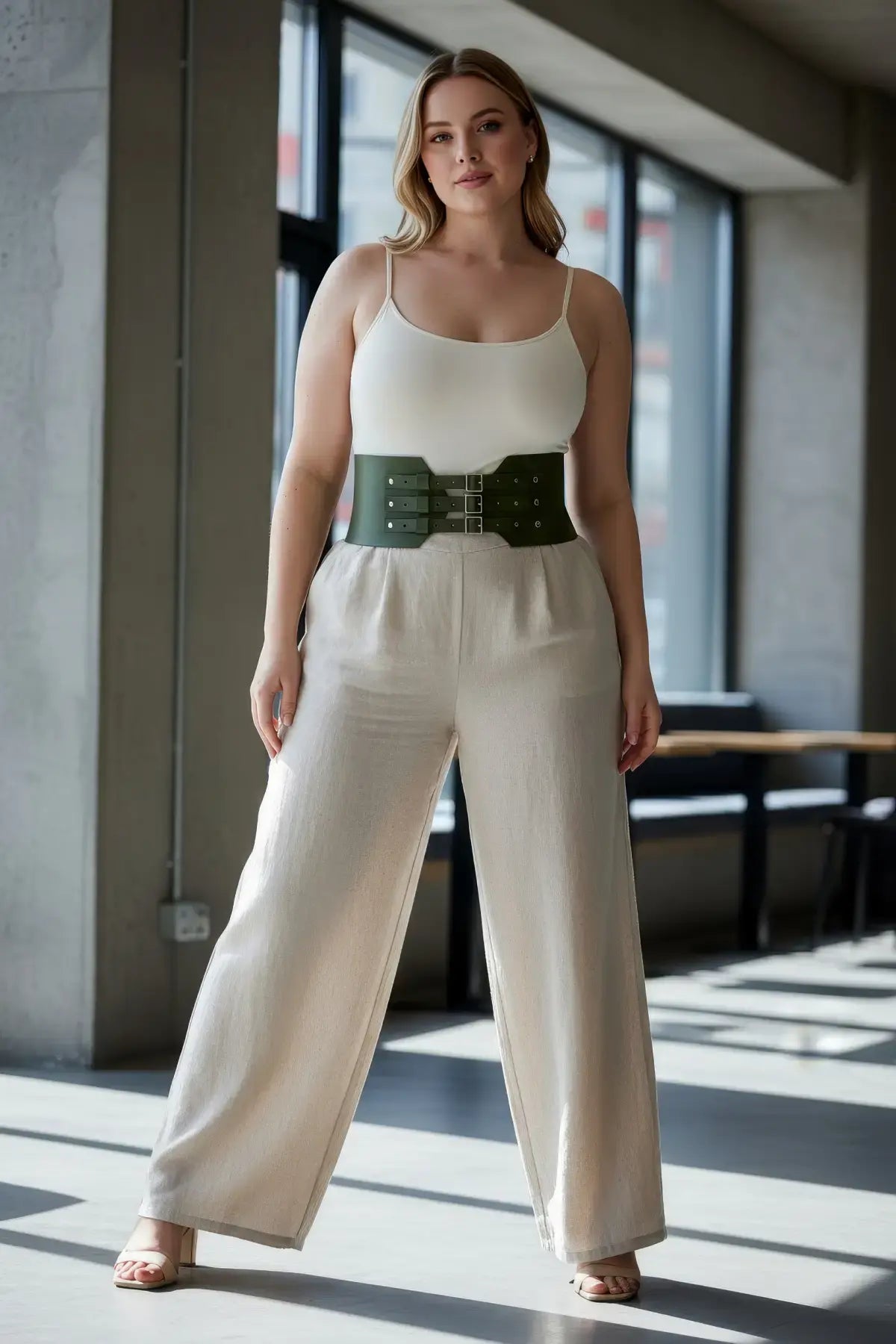 Plus Size Khaki Triple Buckle Corset Belt, vegan leather wide waist cincher
