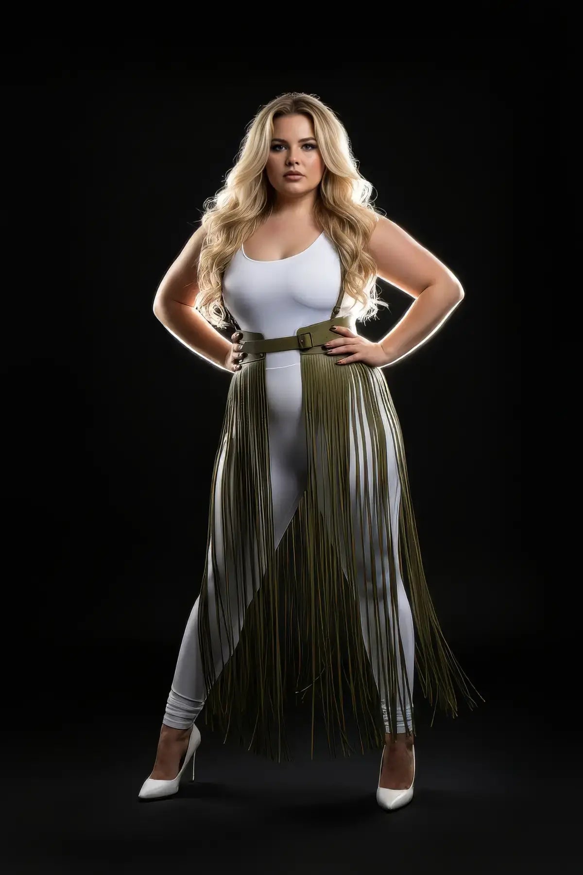 Plus Size Khaki Ultra-Long Fringe Belt Skirt by HarnessClub with vegan leather belt and long fringe