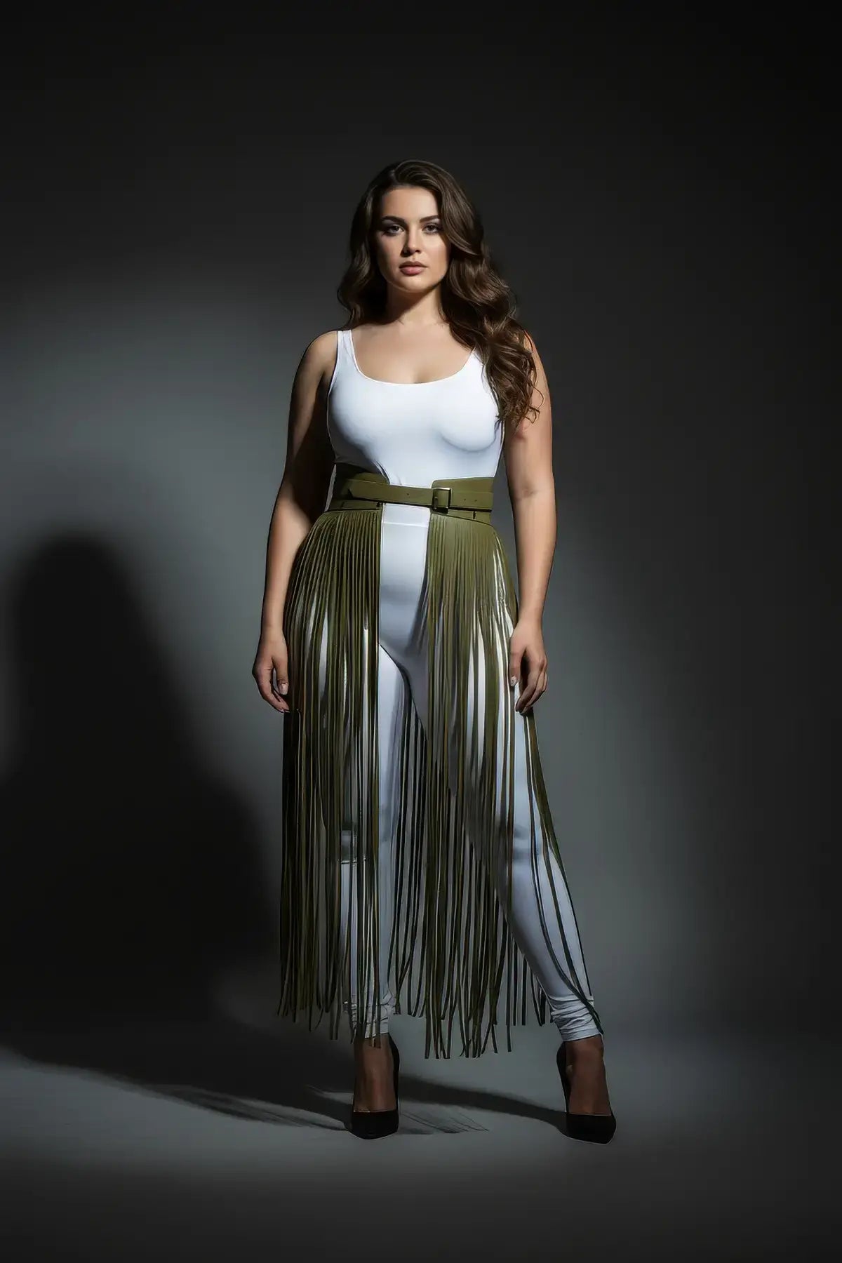 Plus Size Khaki Ultra-Long Fringe Belt Skirt by HarnessClub, vegan leather belt with long fringe