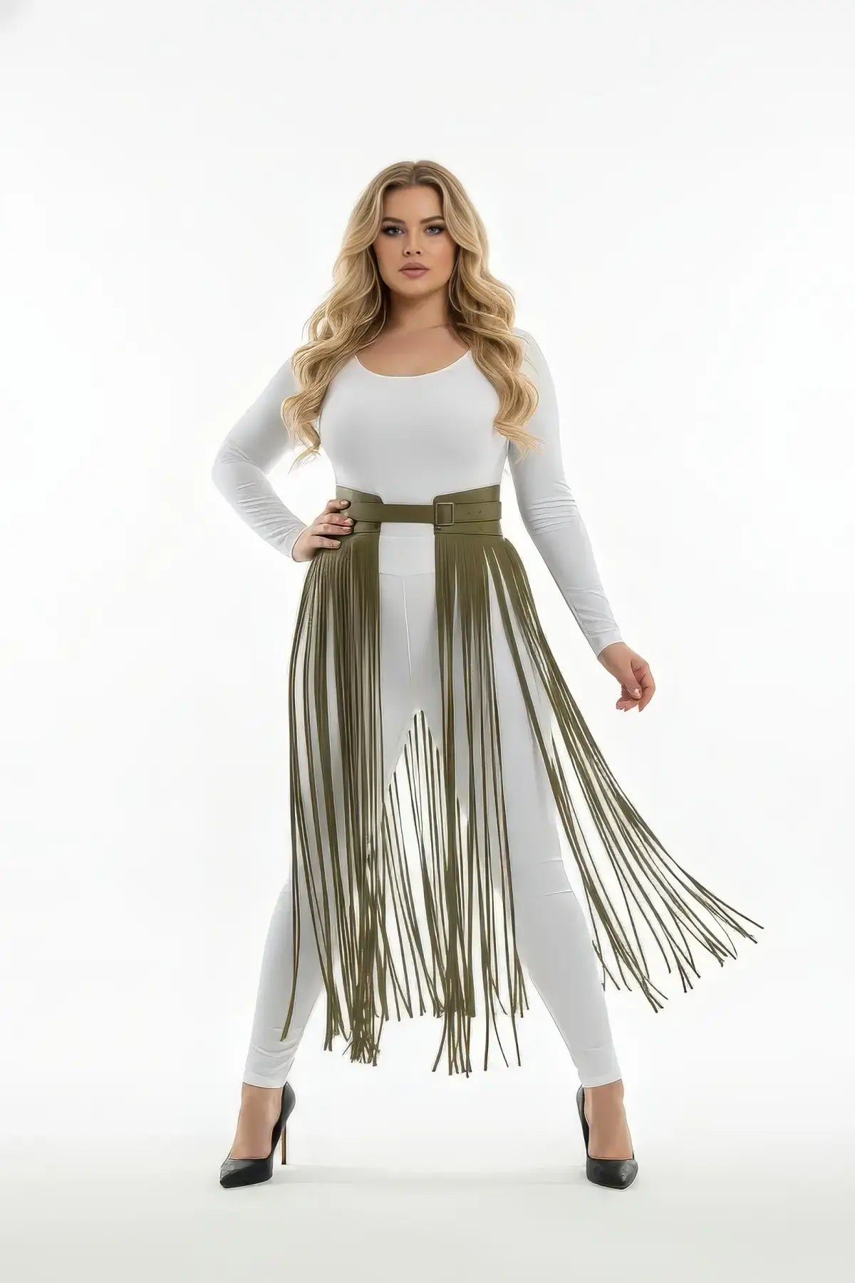 Plus Size Khaki vegan-leather fringe belt skirt with ultra-long strands