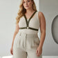 HarnessClub plus-size khaki vegan leather chest harness with V-frame and central O-ring