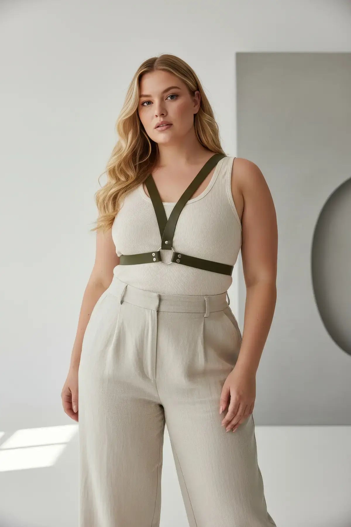 HarnessClub plus-size khaki vegan leather chest harness with V-frame and central O-ring
