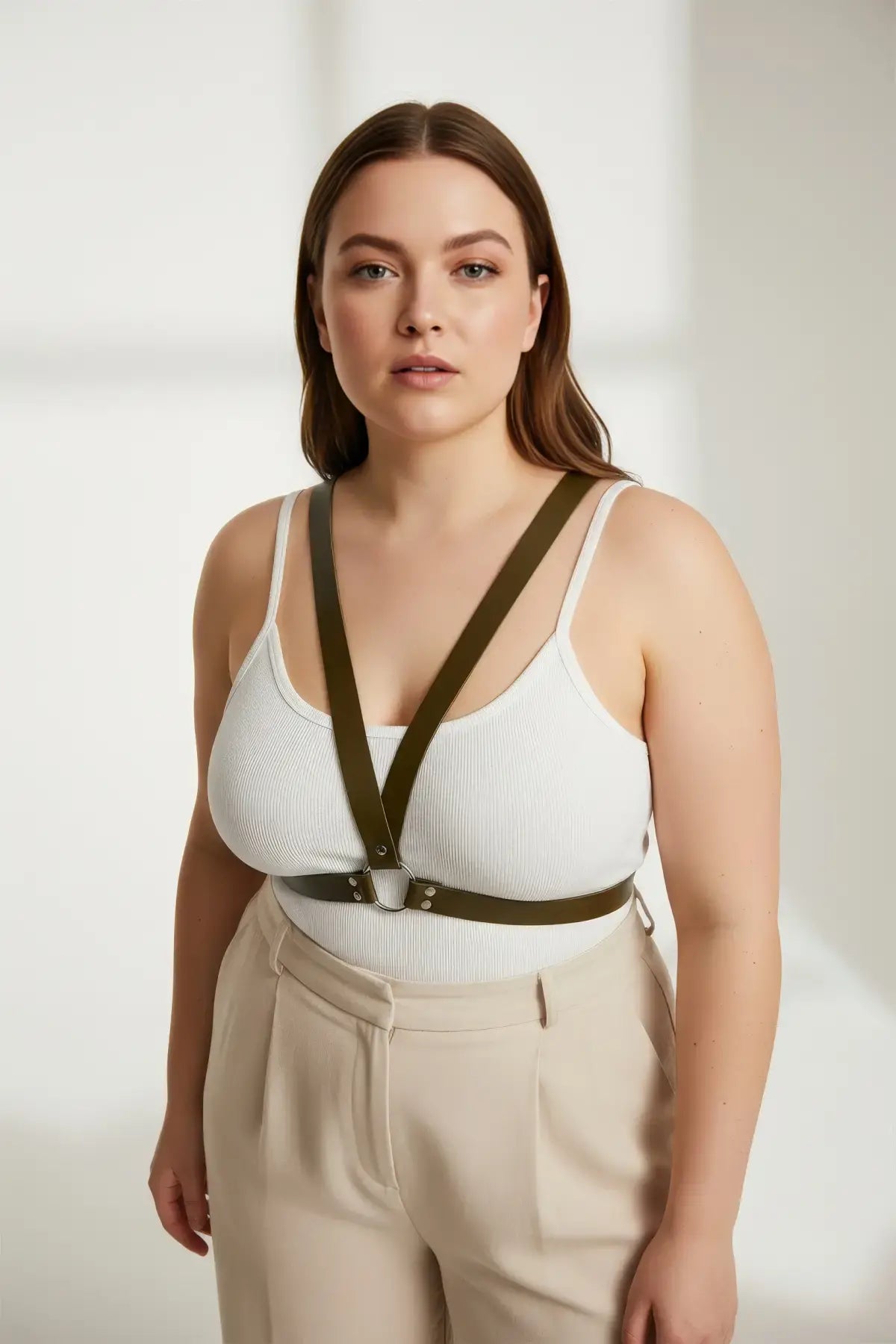 Plus-Size Khaki V-Frame Chest Harness with O-Ring in olive vegan leather, HarnessClub
