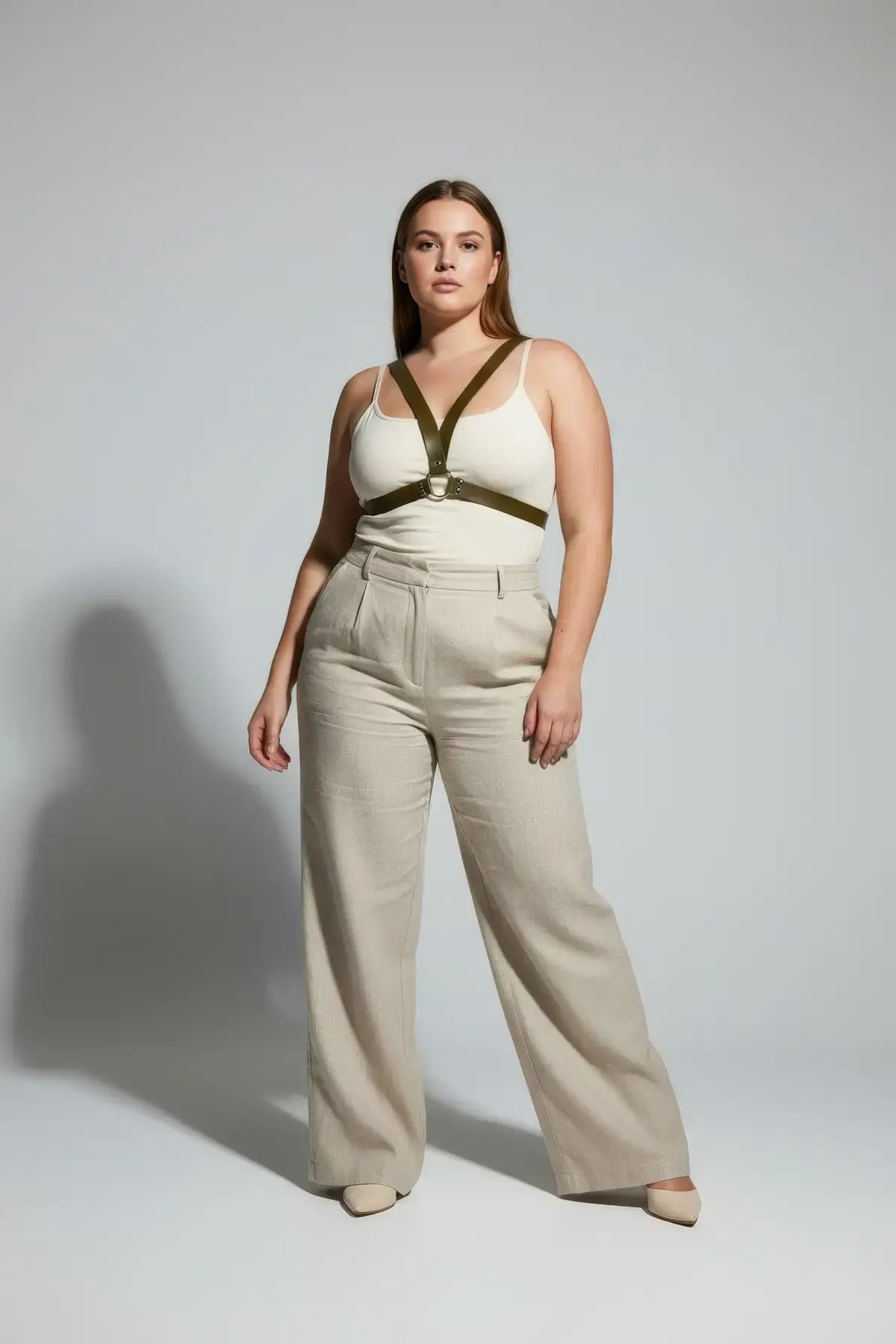 Plus-size khaki vegan-leather V-frame chest harness with O-ring by HarnessClub