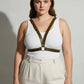 Plus-size khaki vegan leather V-frame chest harness with O-ring by HarnessClub
