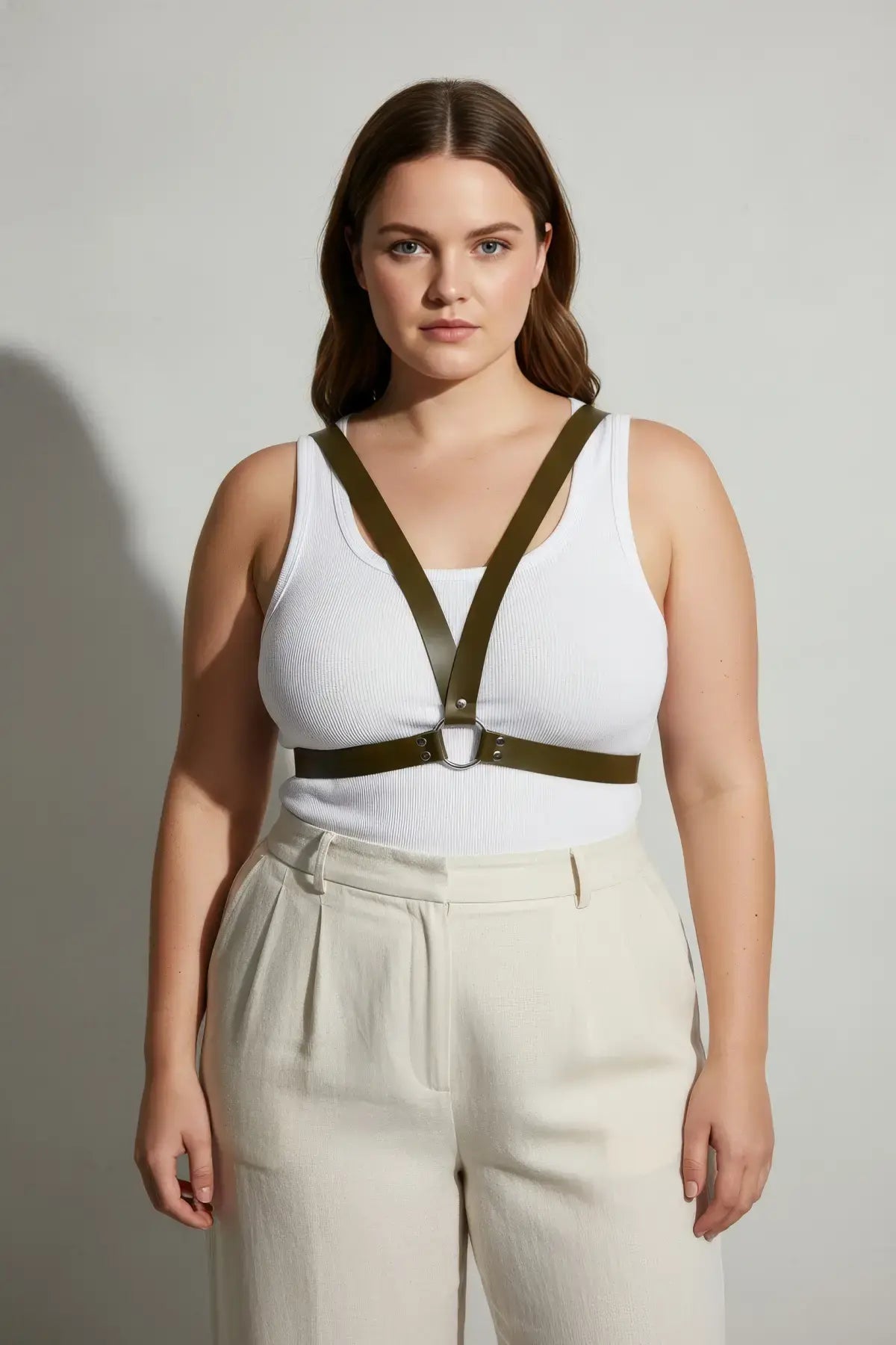 Plus-size khaki vegan leather V-frame chest harness with O-ring by HarnessClub