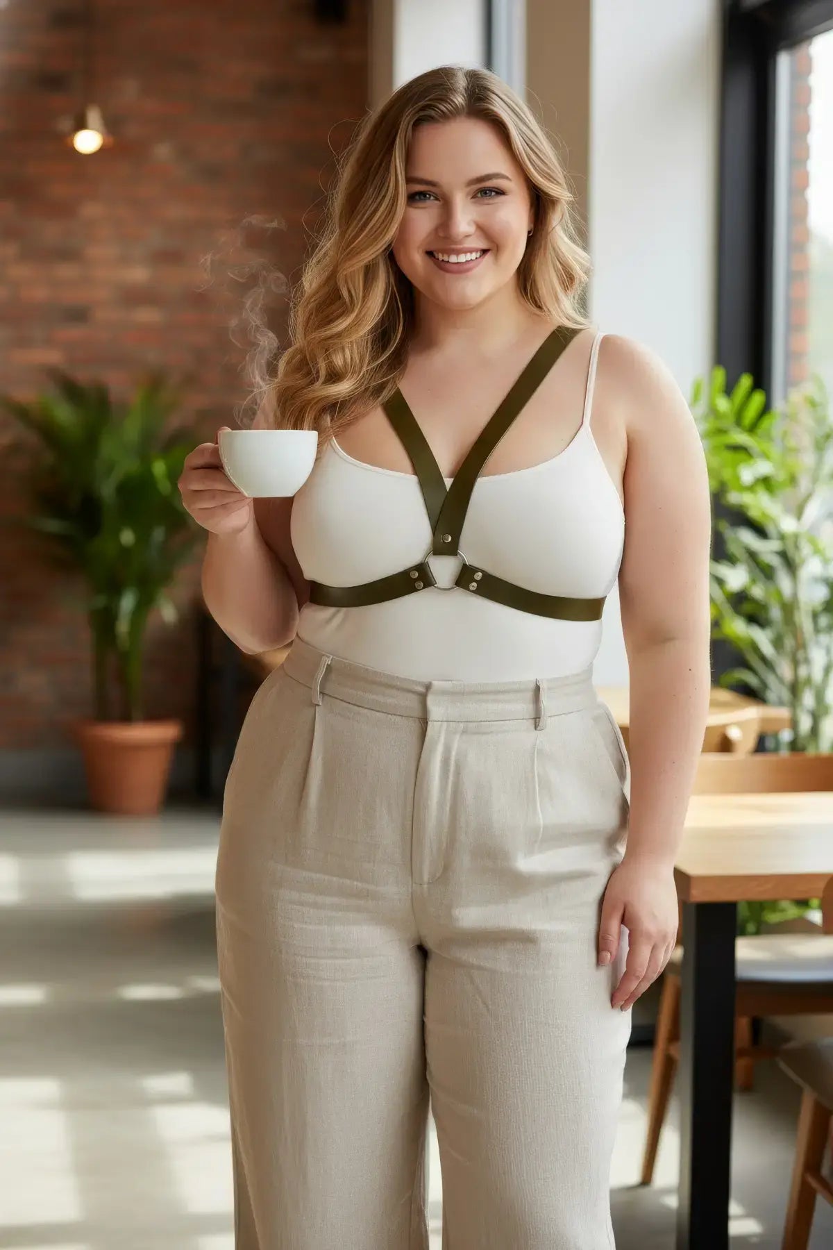 Plus-size khaki vegan-leather V-frame chest harness with O-ring by HarnessClub
