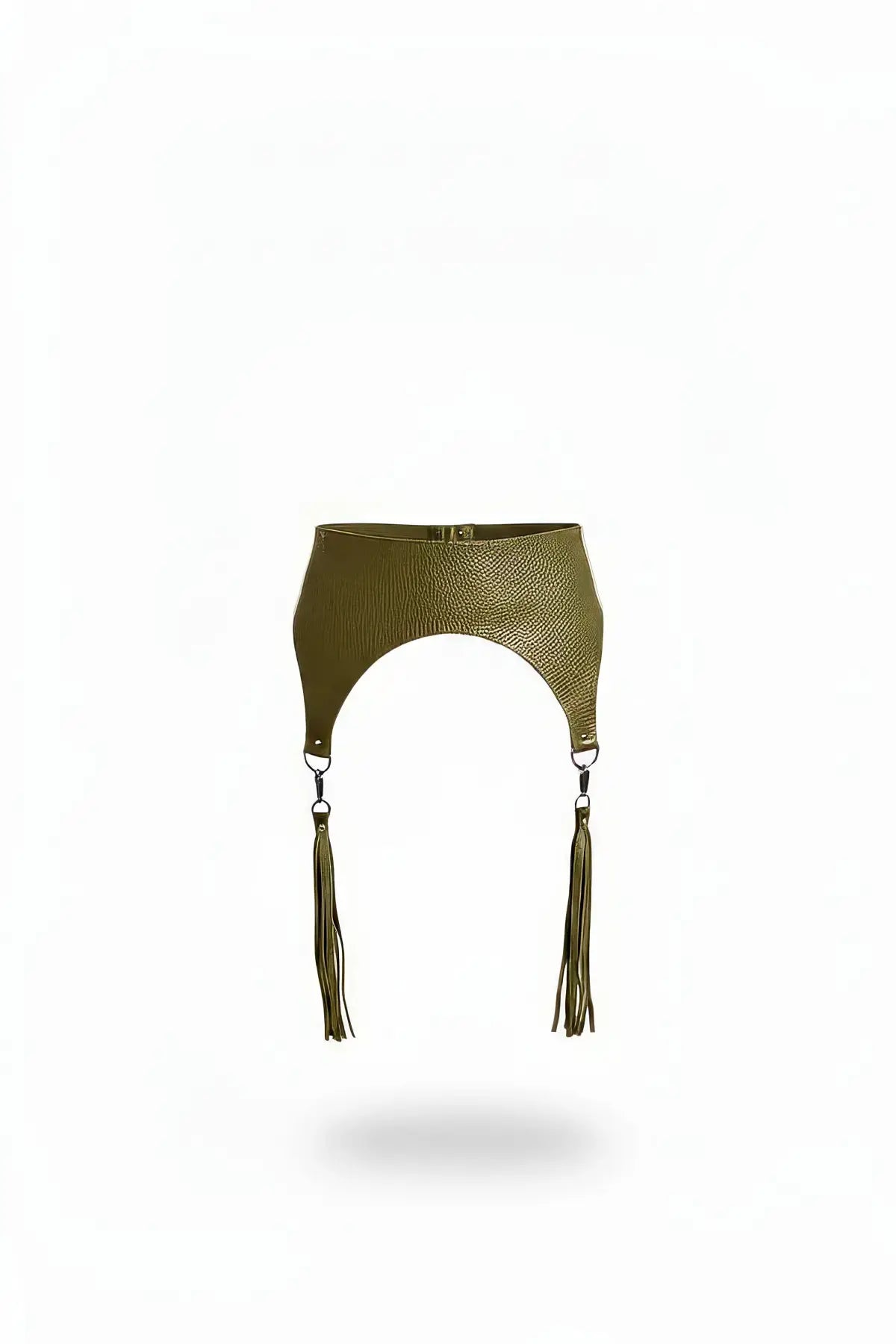 Plus-size khaki vegan-leather corset waist belt with tassel drops, HarnessClub