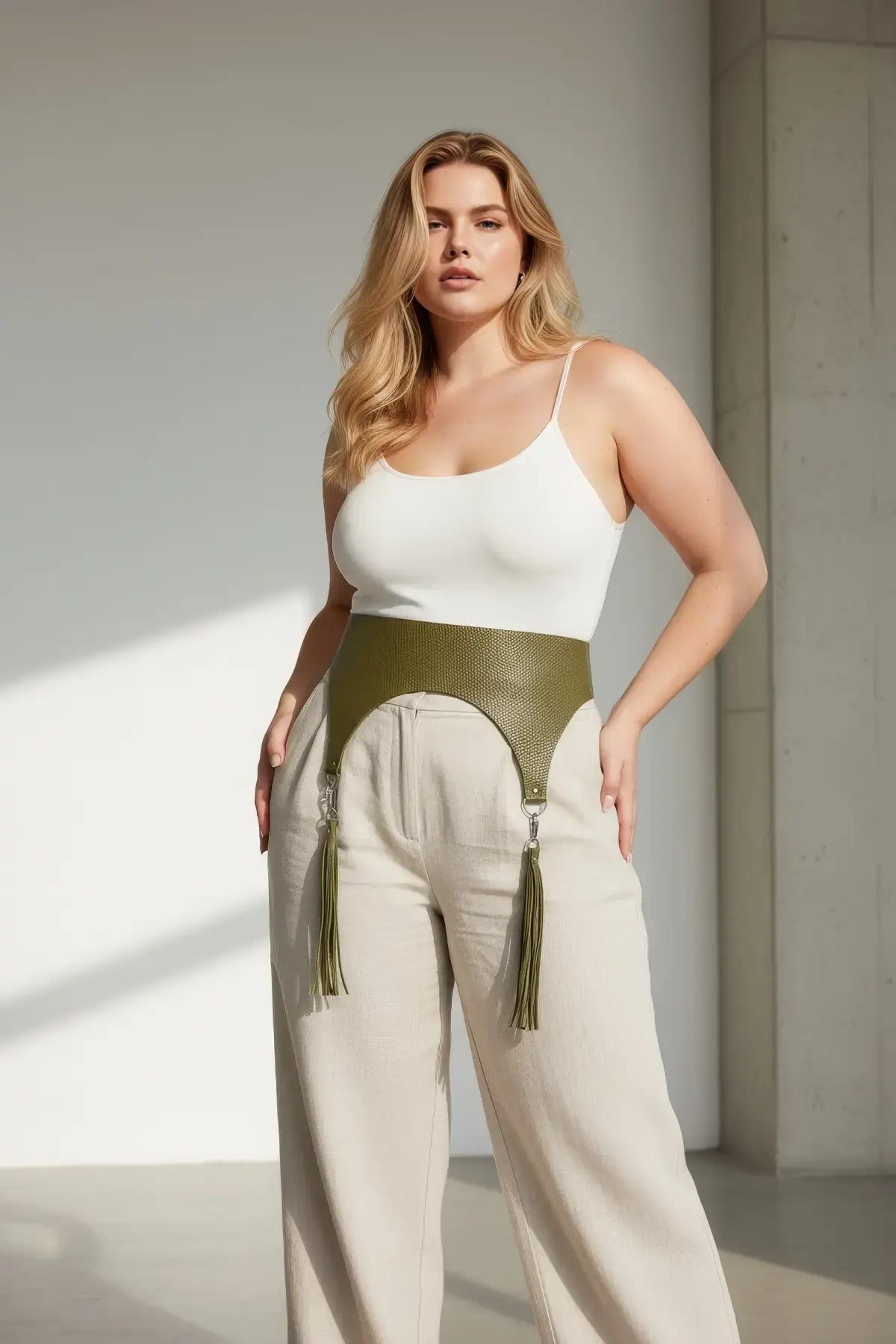 Plus-size khaki wide corset waist belt with tassels, vegan leather with woven texture
