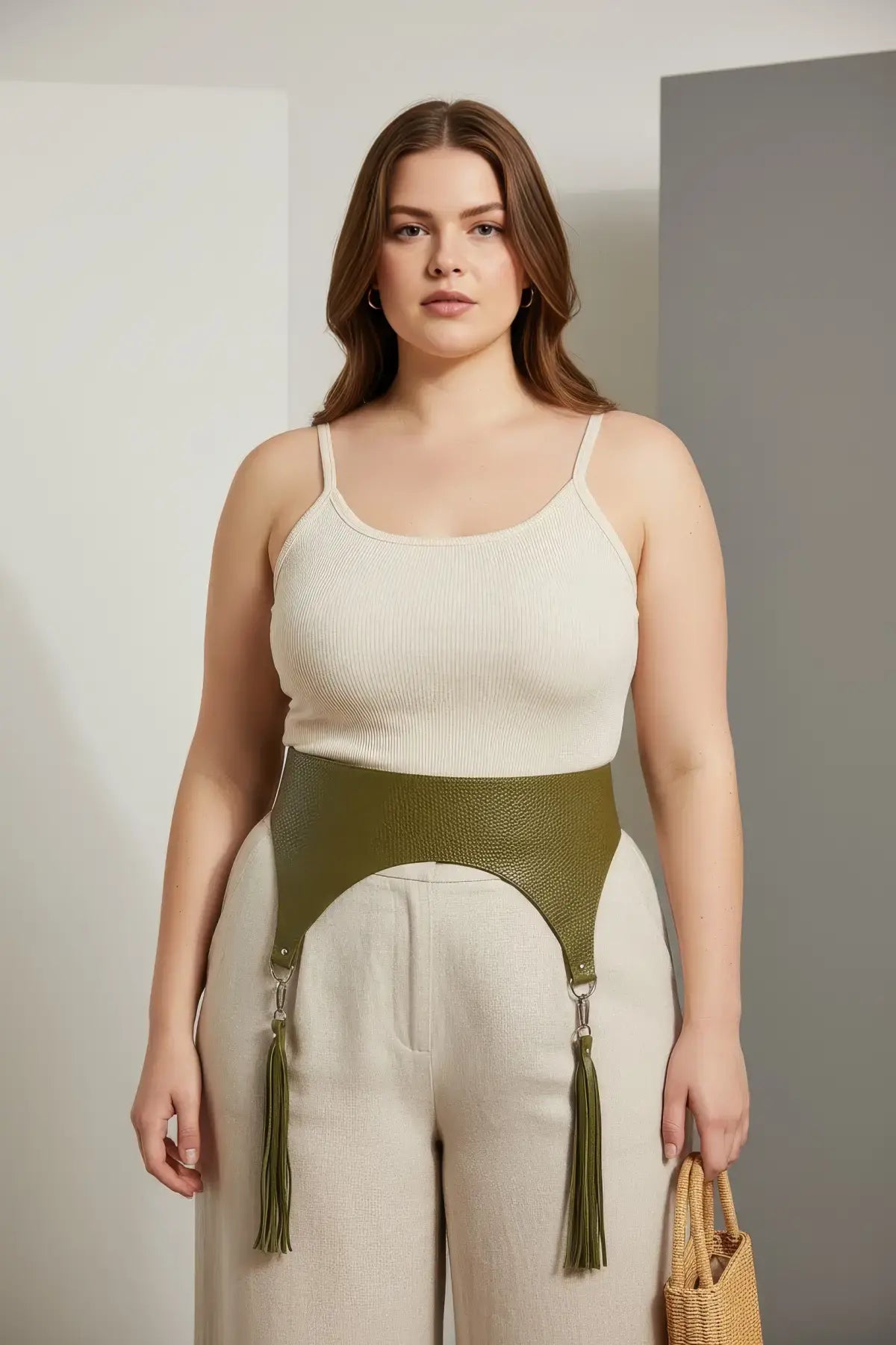 Plus-size khaki wide corset waist belt with tassels in vegan leather, HarnessClub