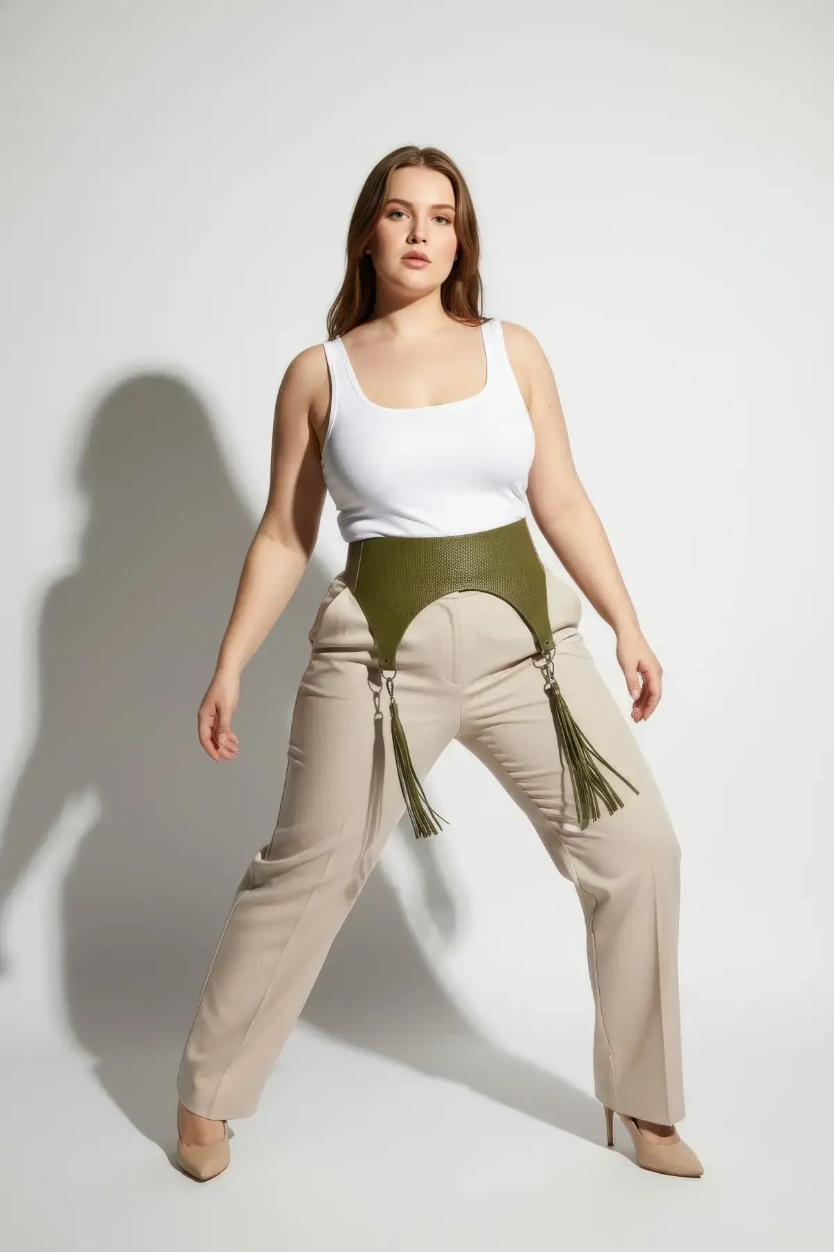 Plus-size khaki vegan leather corset waist belt with tassels by HarnessClub