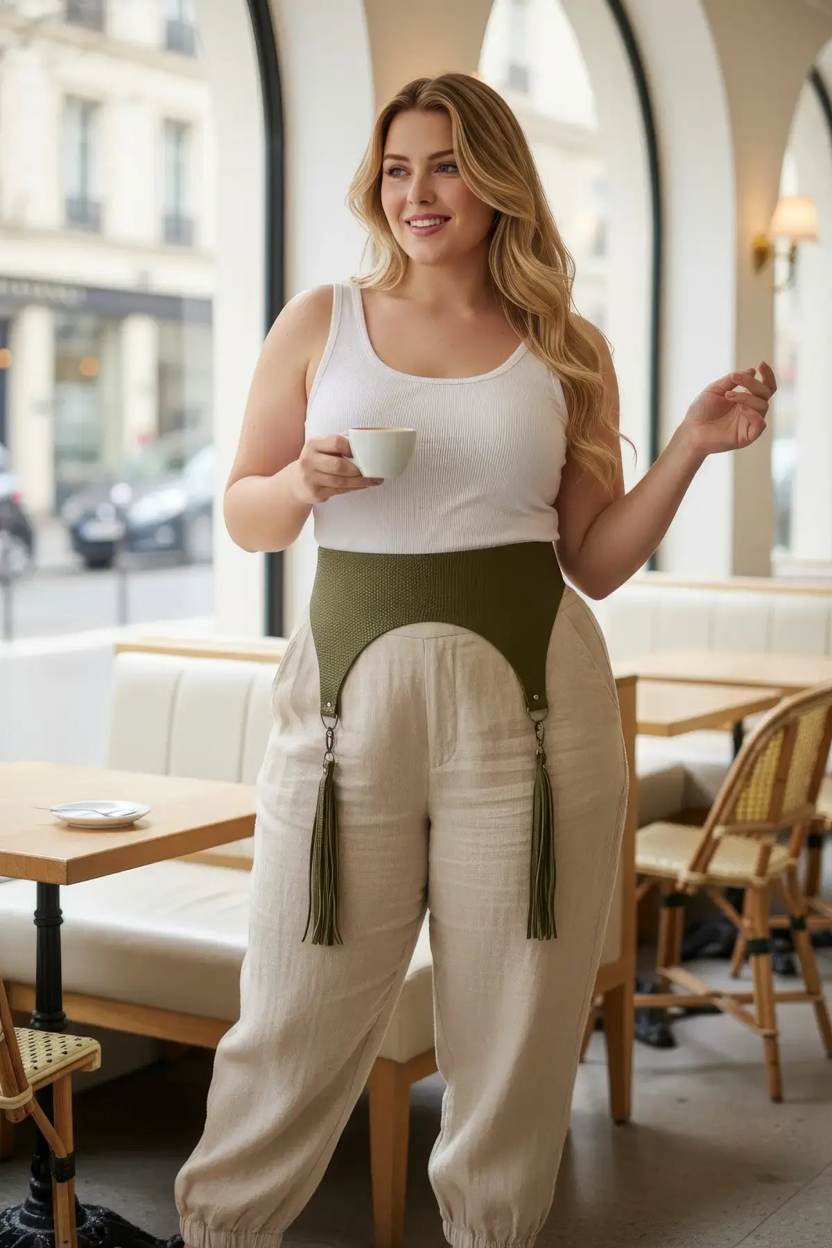 Plus Size Khaki Wide Corset Waist Belt with Tassels by HarnessClub, vegan leather with olive woven texture