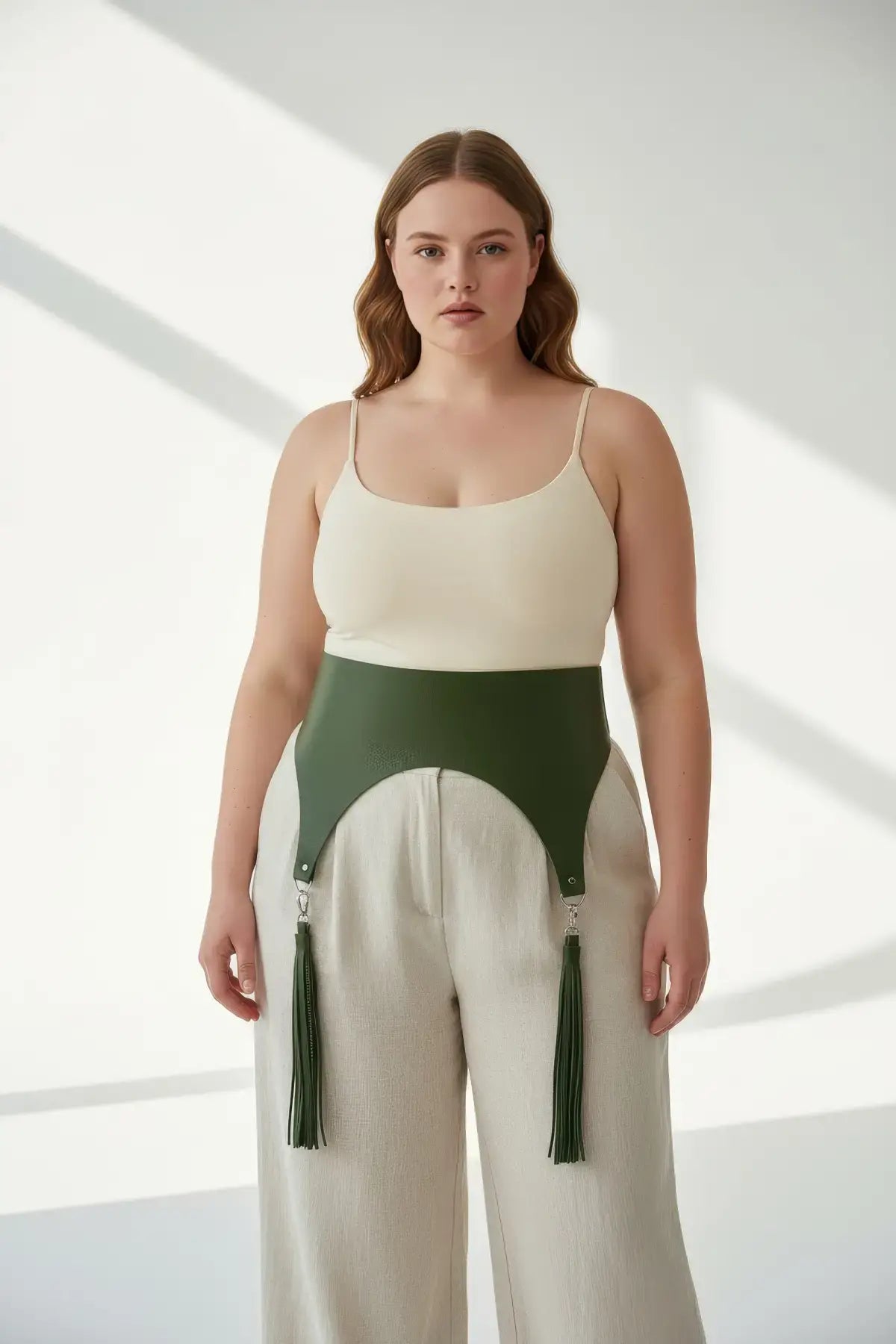 Plus Size Khaki Wide Corset Waist Belt with Tassels by HarnessClub, olive vegan leather