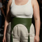 Plus size khaki wide corset waist belt with tassels, vegan leather, HarnessClub on model