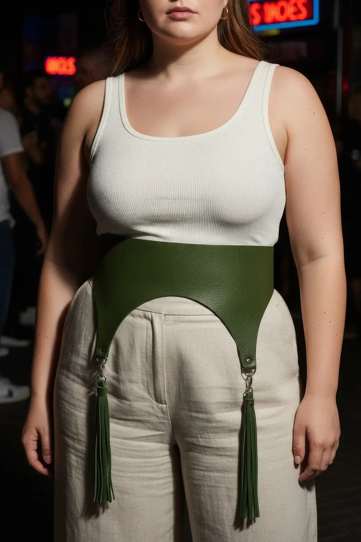 Plus size khaki wide corset waist belt with tassels, vegan leather, HarnessClub on model