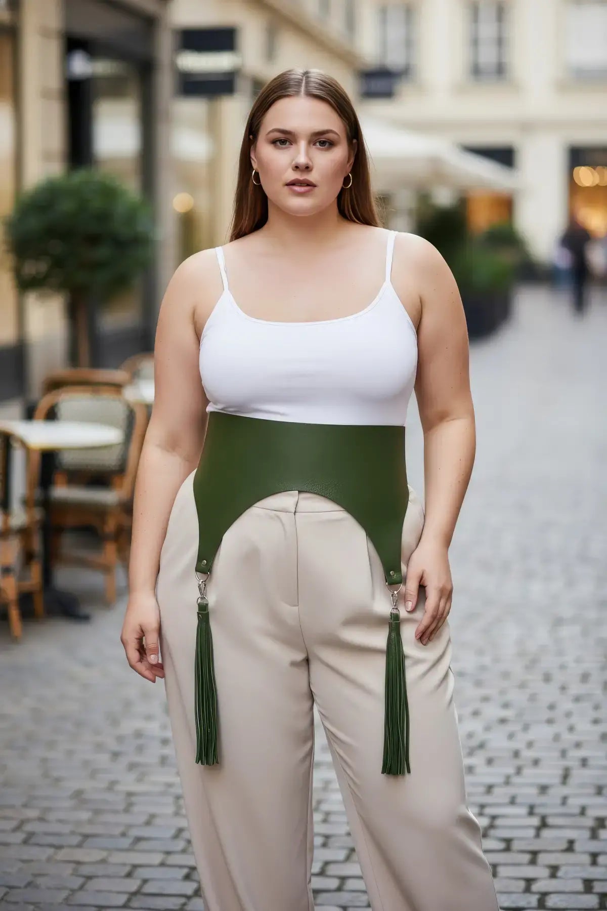 Plus-size khaki vegan-leather wide corset waist belt with tassels by HarnessClub
