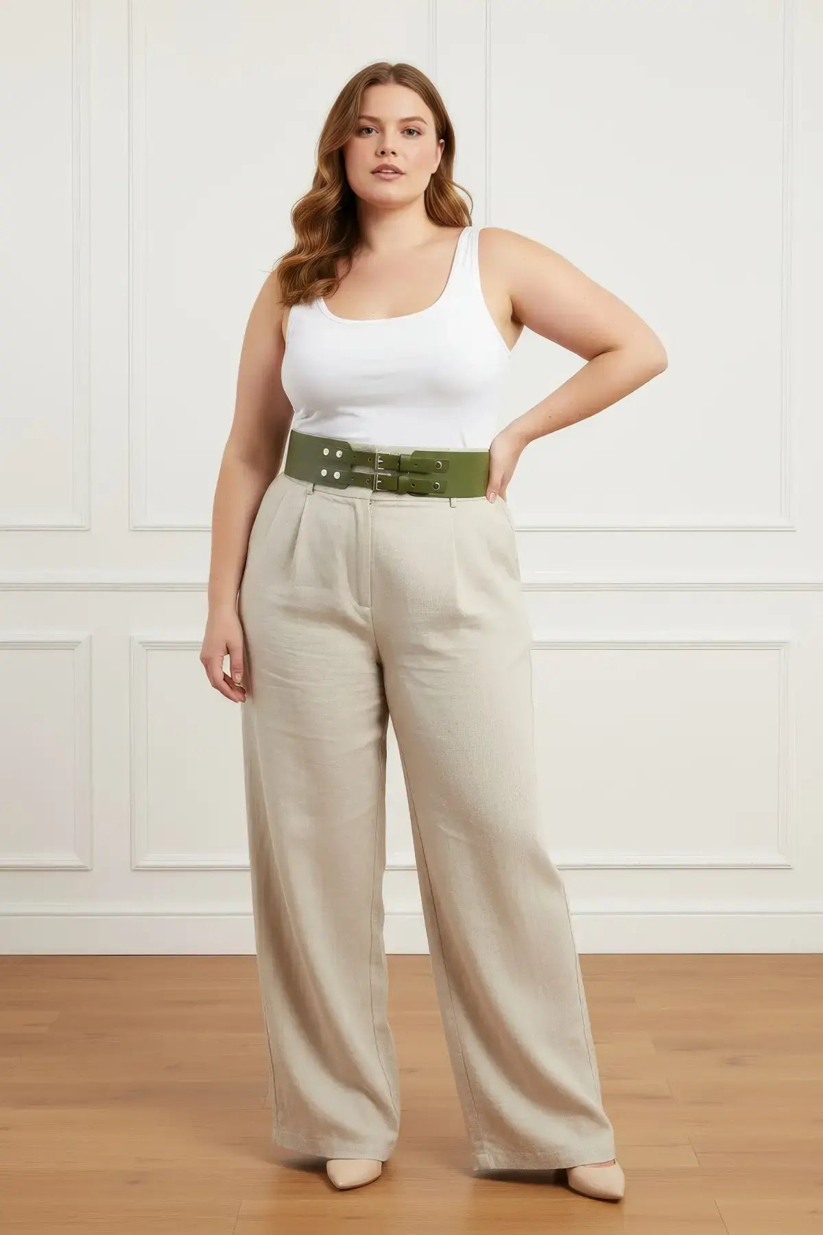 Plus Size Khaki Wide Double-Buckle Belt by HarnessClub; khaki-green belt with two buckles.