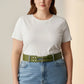 Plus Size Khaki Wide Double-Buckle Belt by HarnessClub, worn at the waist over jeans.