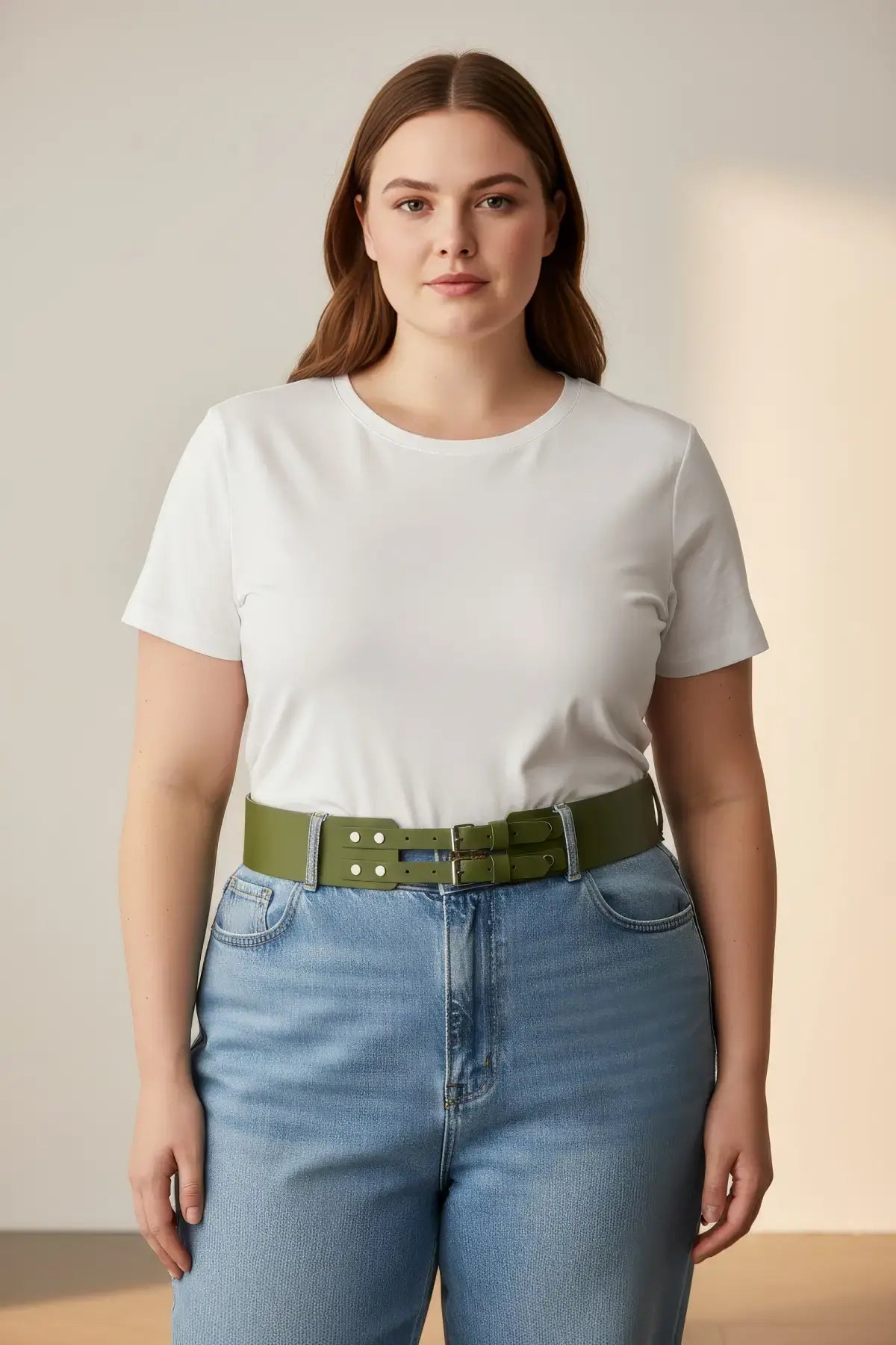 Plus Size Khaki Wide Double-Buckle Belt by HarnessClub, worn at the waist over jeans.
