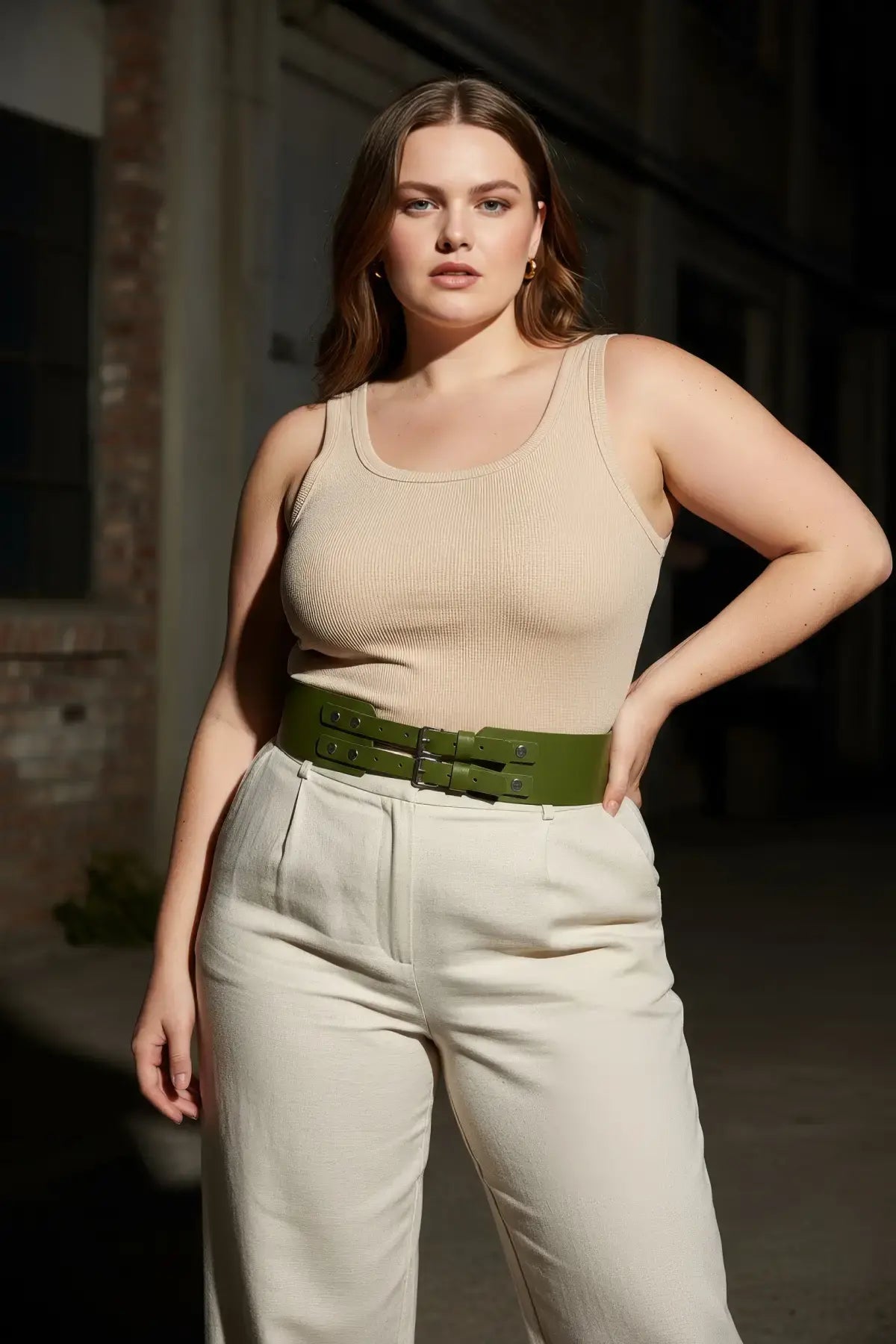 Plus Size Khaki Wide Double-Buckle Belt by HarnessClub; wide belt with dual buckles worn at the waist