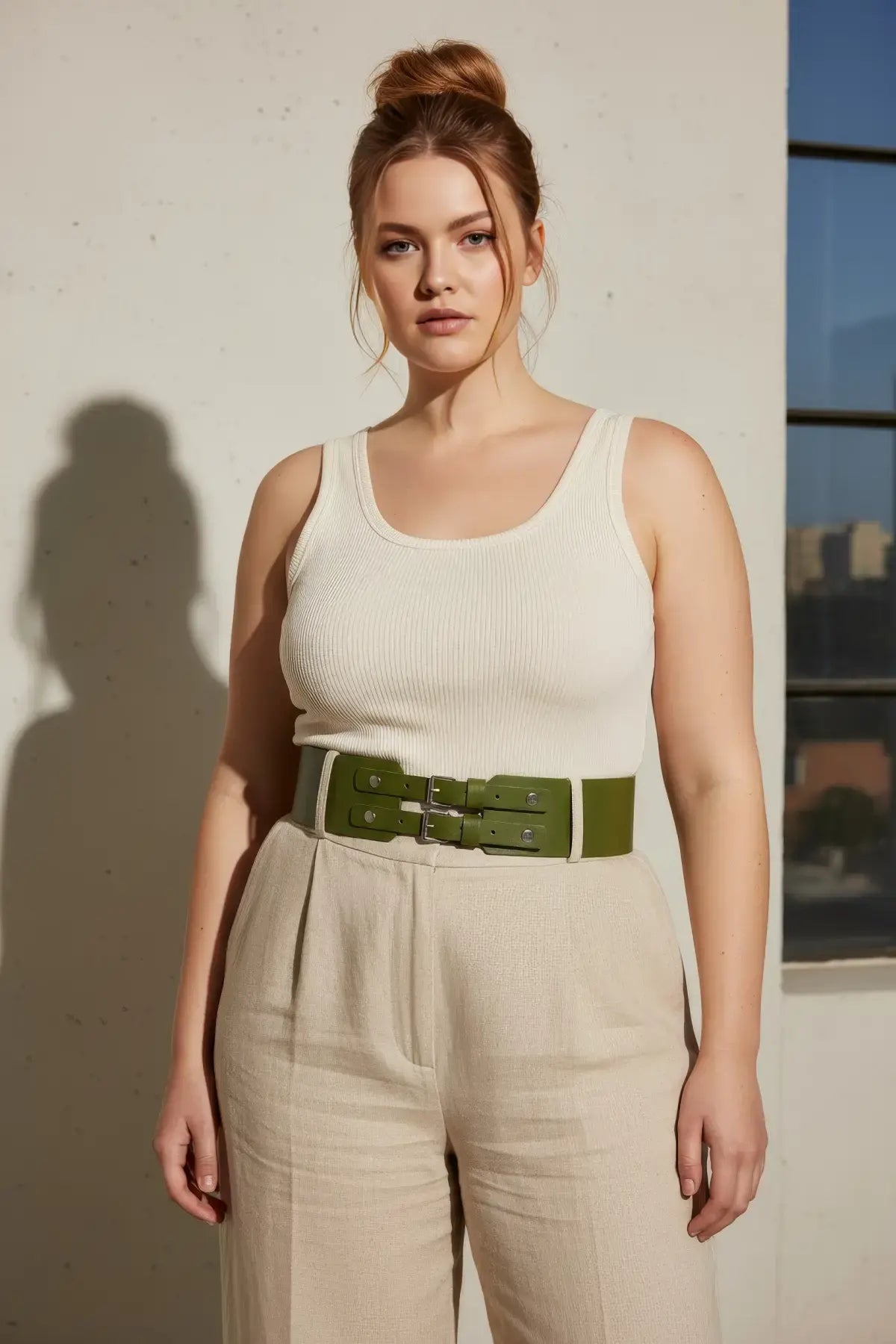 Plus size khaki wide double-buckle belt by HarnessClub.