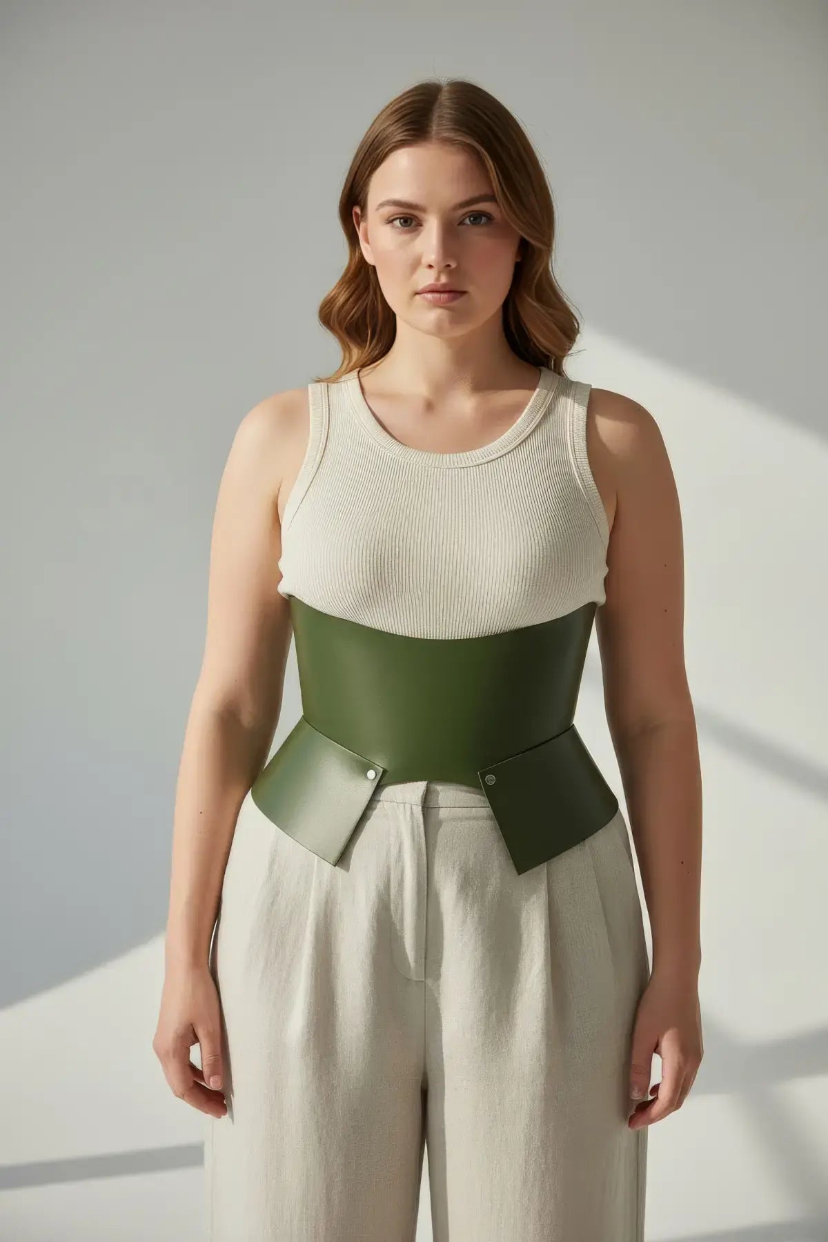 Plus-size khaki wide structured corset belt in vegan leather worn over a cream ribbed tank top