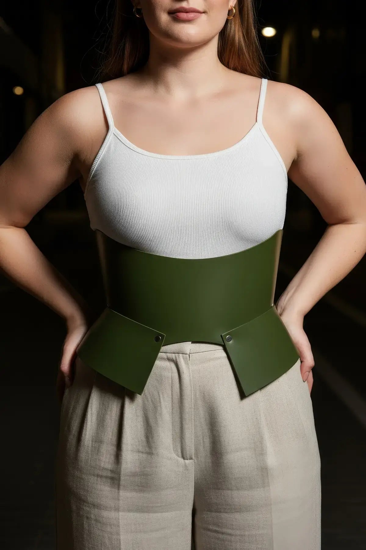 Plus Size Khaki Wide Structured Corset Belt by HarnessClub, vegan leather waist piece