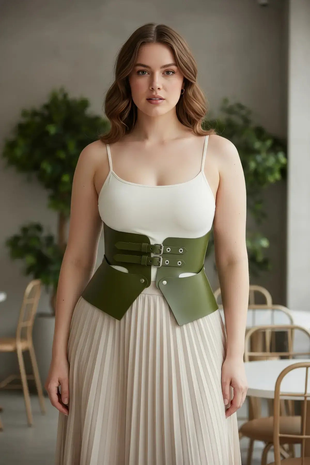 Plus Size Khaki Wide Structured Corset Belt; vegan leather waist piece