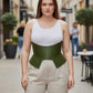 Plus Size Khaki Wide Structured Corset Belt in vegan leather worn over a white tank top.