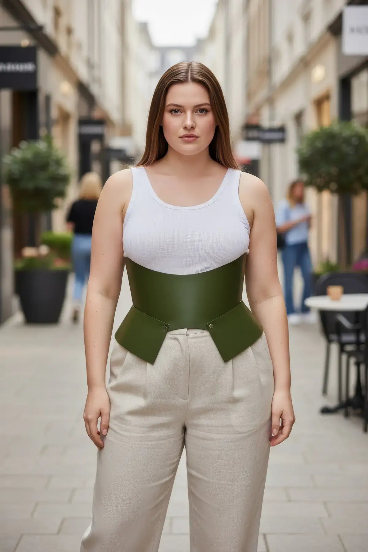 Plus Size Khaki Wide Structured Corset Belt in vegan leather worn over a white tank top.