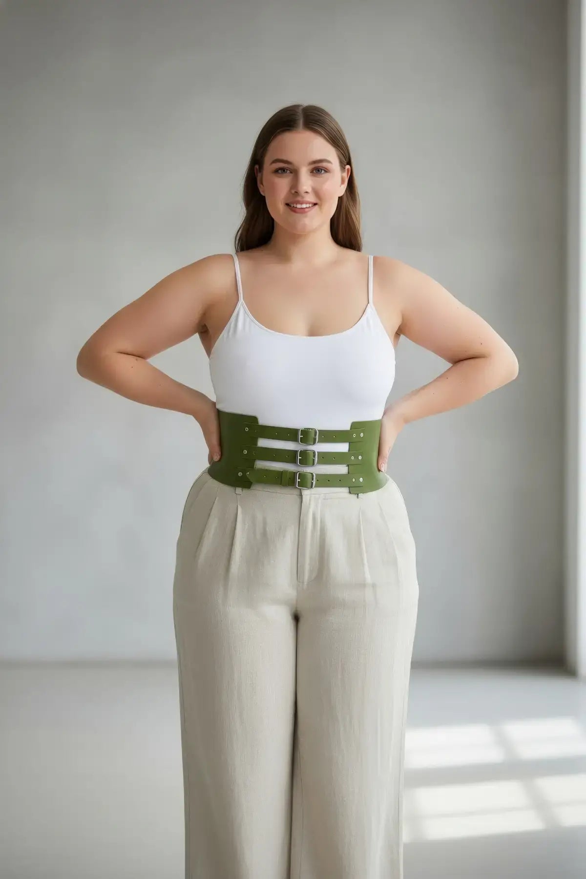 Plus Size Khaki Wide Triple-Buckle Corset Belt by HarnessClub, vegan leather waist accessory.