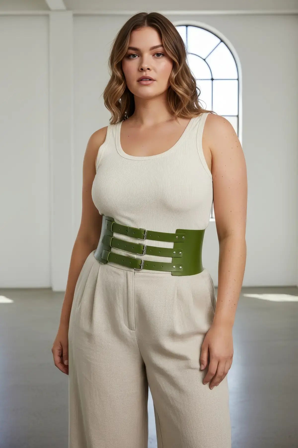 Plus Size Khaki Wide Triple-Buckle Corset Belt by HarnessClub, vegan leather waist accessory