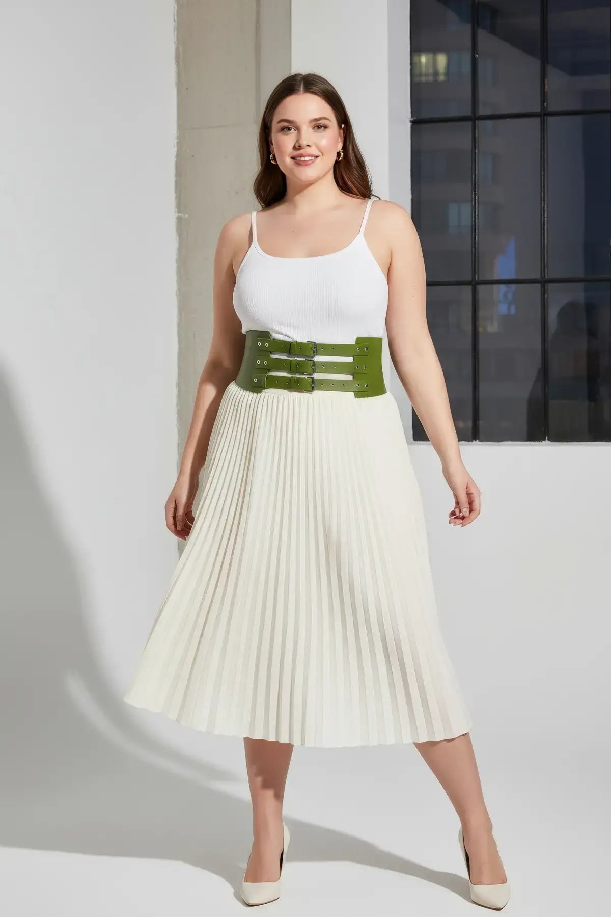 Plus-size khaki wide triple-buckle corset belt in olive vegan leather