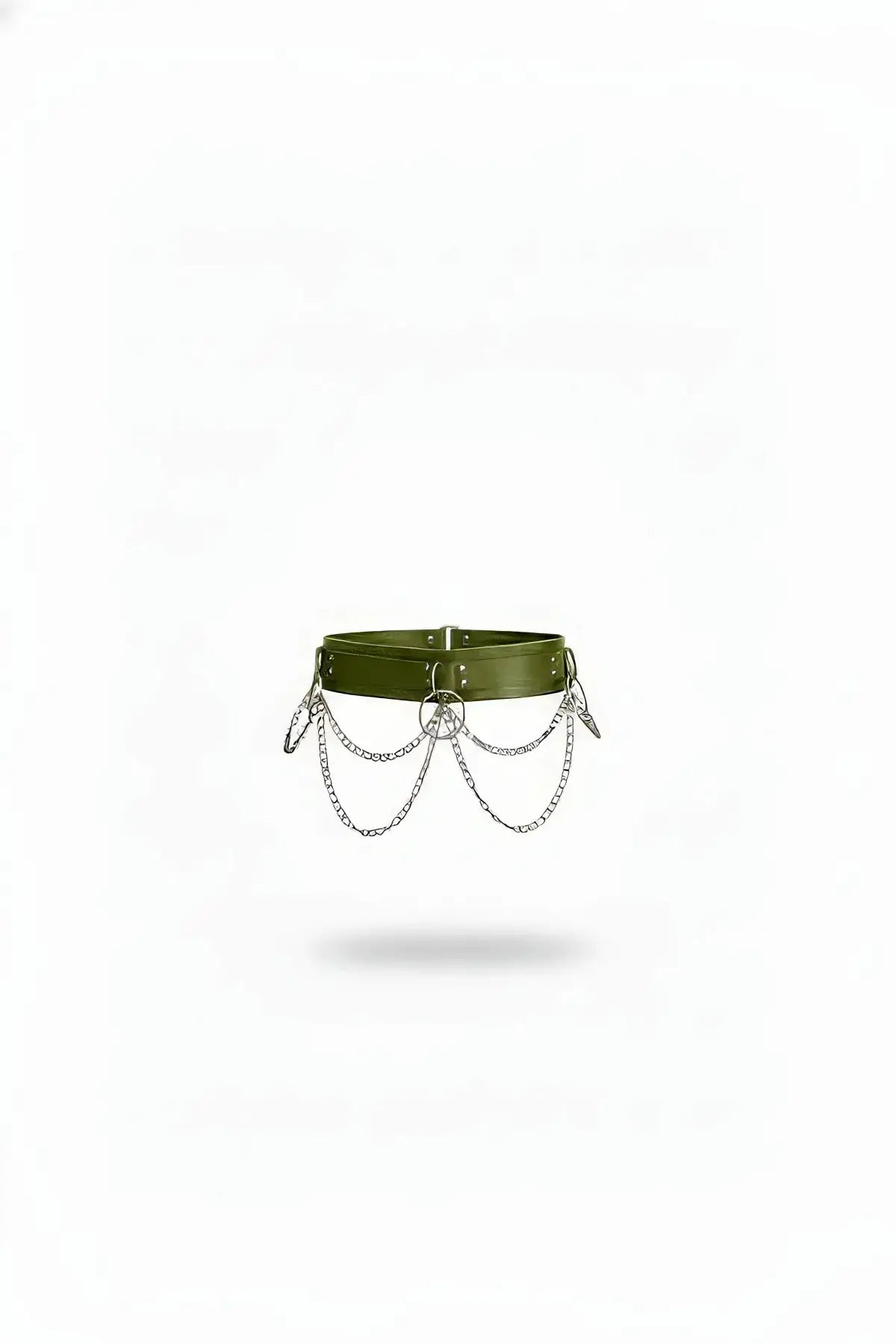 Plus-size khaki vegan-leather wide waist belt with silver chain swag