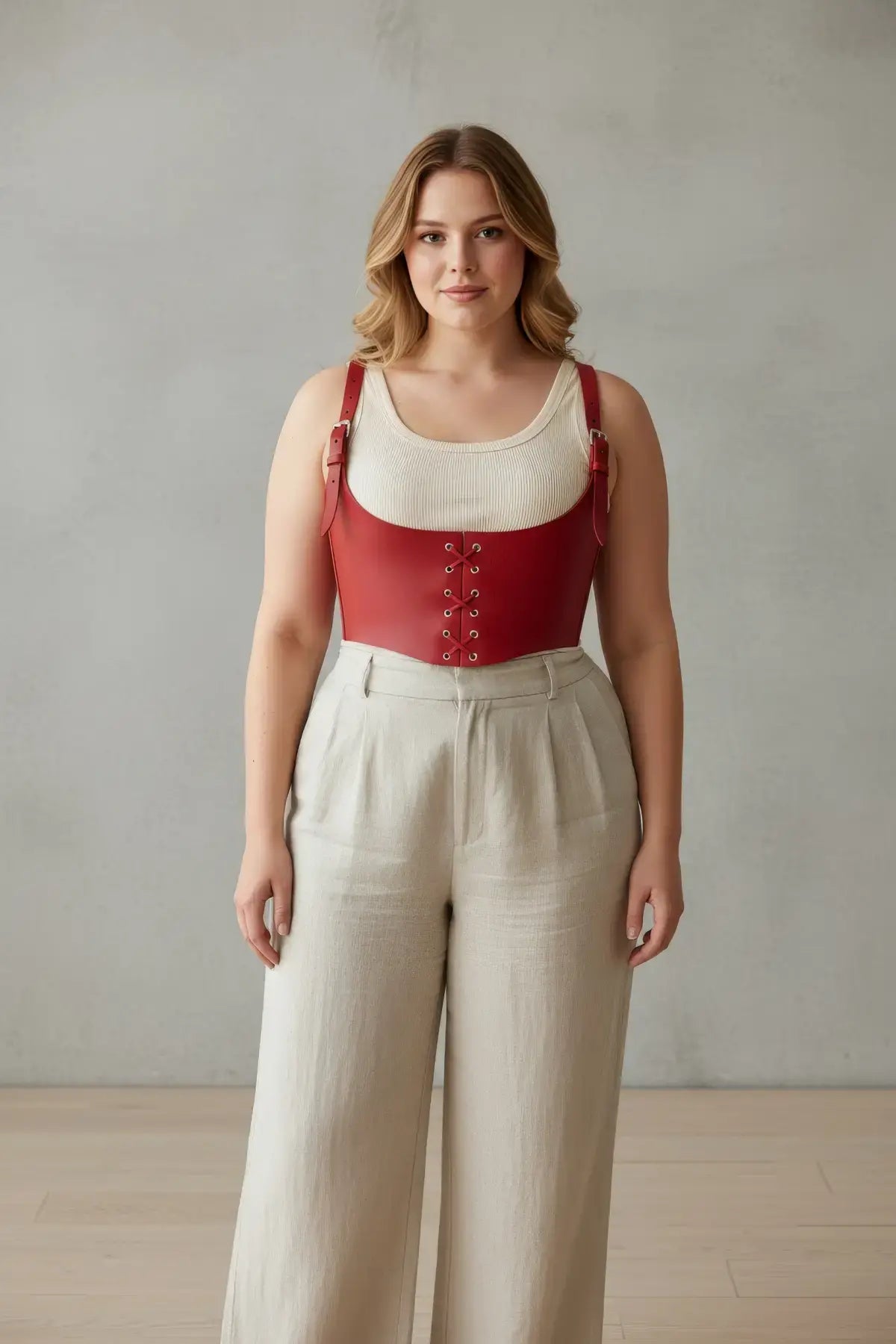 HarnessClub plus-size red vegan-leather lace-up corset harness worn over a beige top.