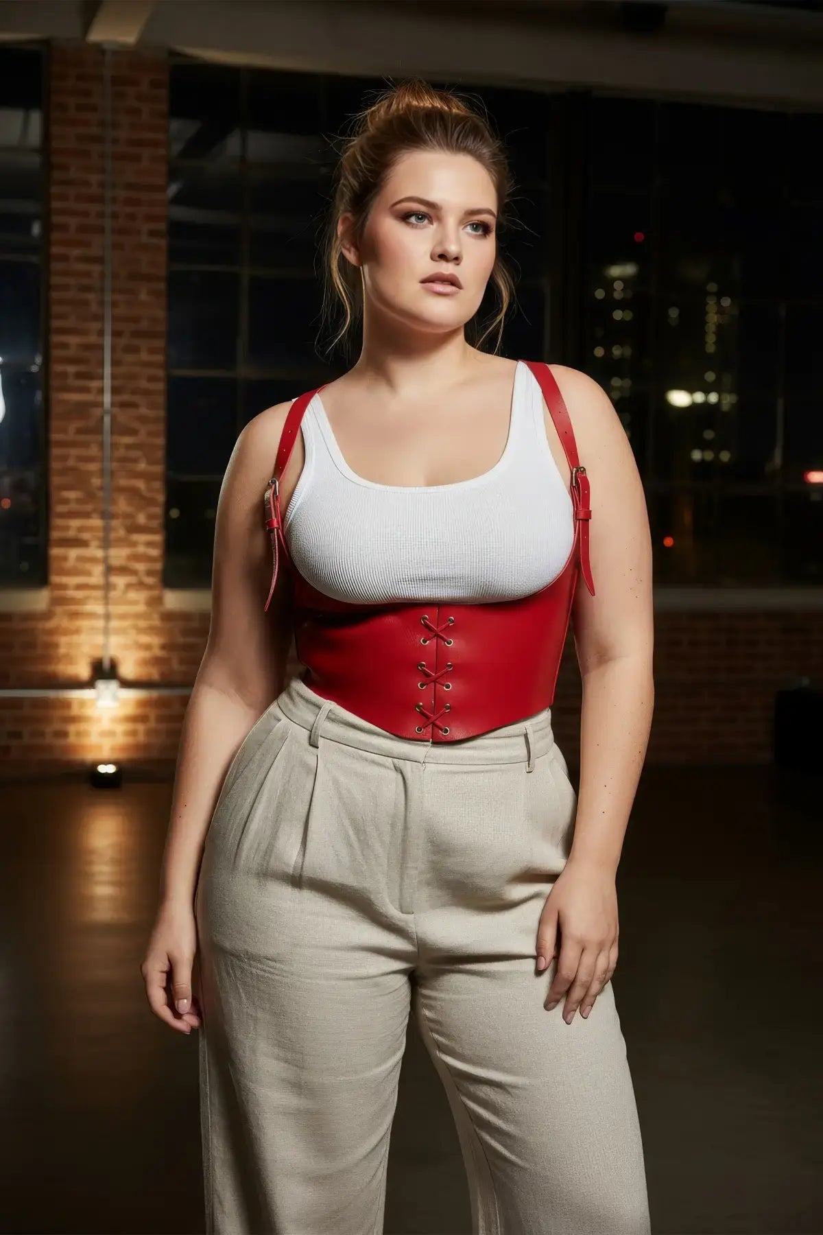 Plus-size lace-up vegan-leather corset harness in red by HarnessClub worn over a white top.
