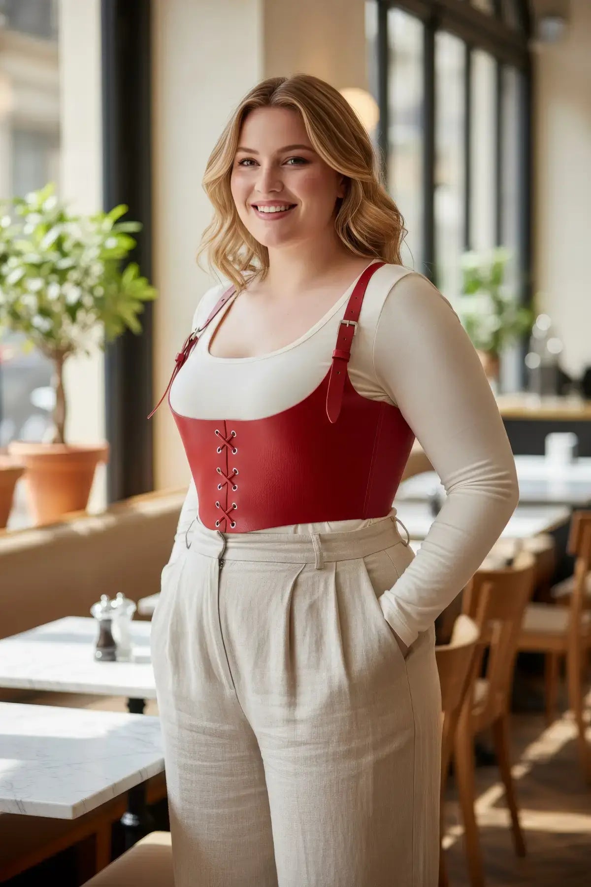 Plus Size red vegan leather lace-up corset harness worn over a beige top in a cafe.