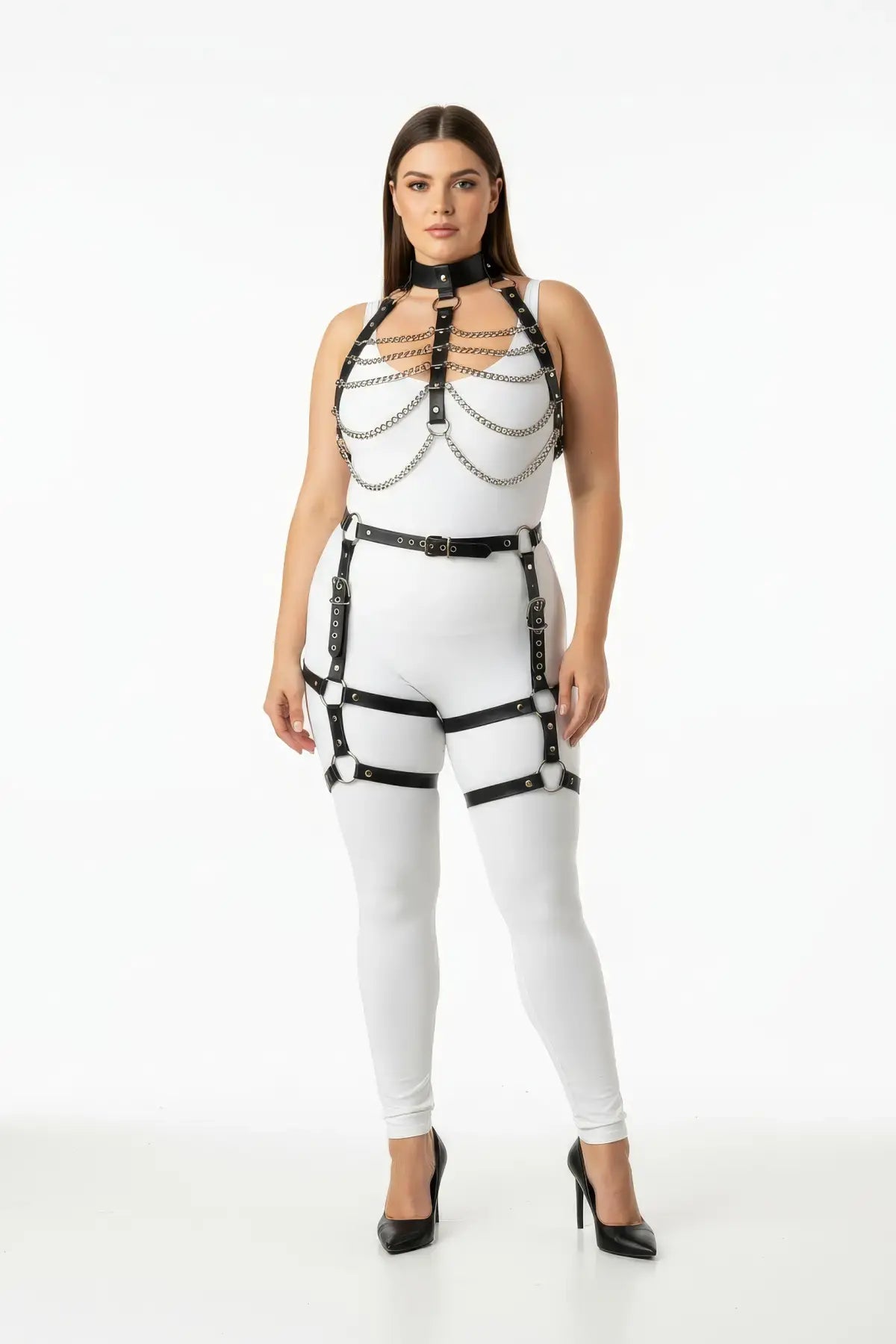 Plus Size Layered Chain Chest Harness with Leather Thigh Cage Garter; black vegan leather with silver chains.