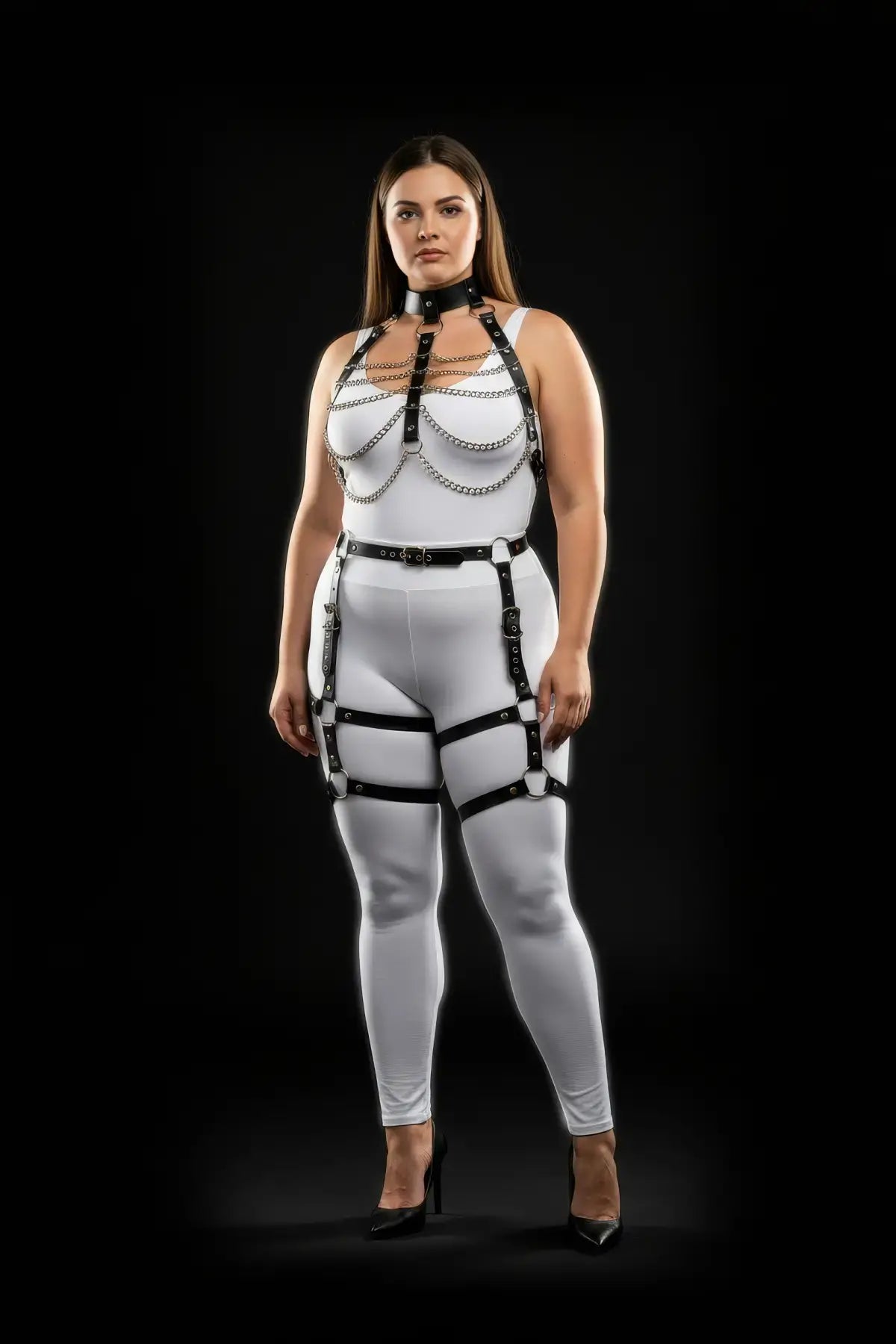 Plus Size Layered Chain Chest Harness with Leather Thigh Cage Garter in vegan leather, white bodysuit