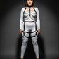 Plus-size layered chain chest harness with leather thigh cage garter straps in vegan leather