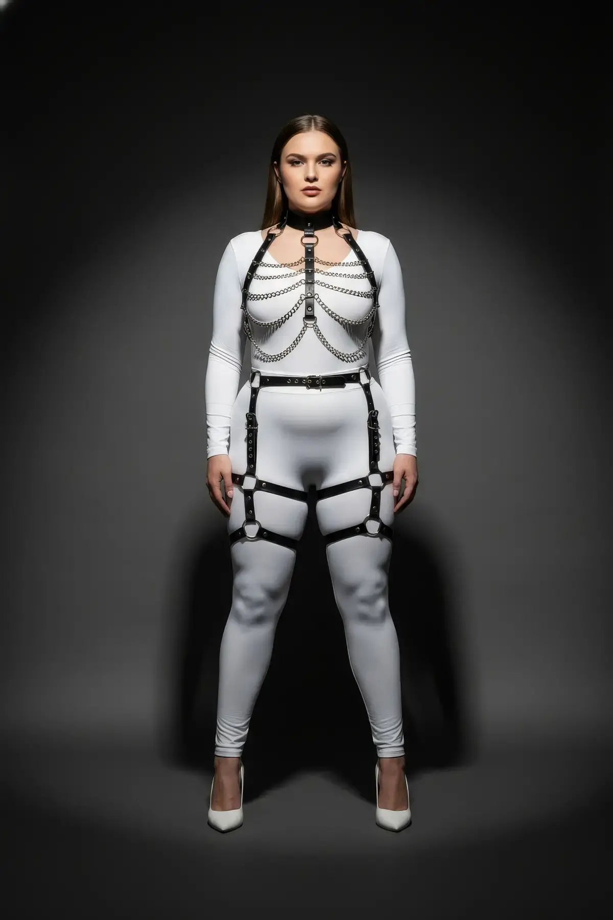 Plus-size layered chain chest harness with leather thigh cage garter straps in vegan leather