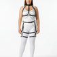 Plus Size Layered Chest Harness with Vegan Leather Thigh Cage Garter by HarnessClub, black with silver chains