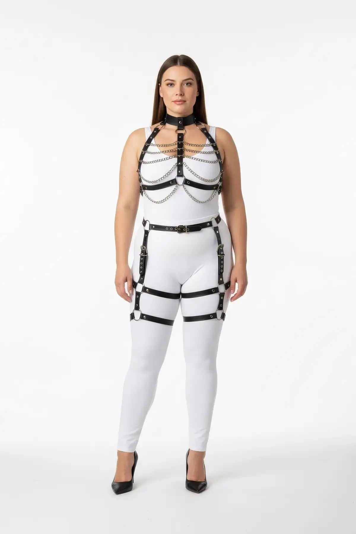 Plus Size Layered Chest Harness with Vegan Leather Thigh Cage Garter by HarnessClub, black with silver chains