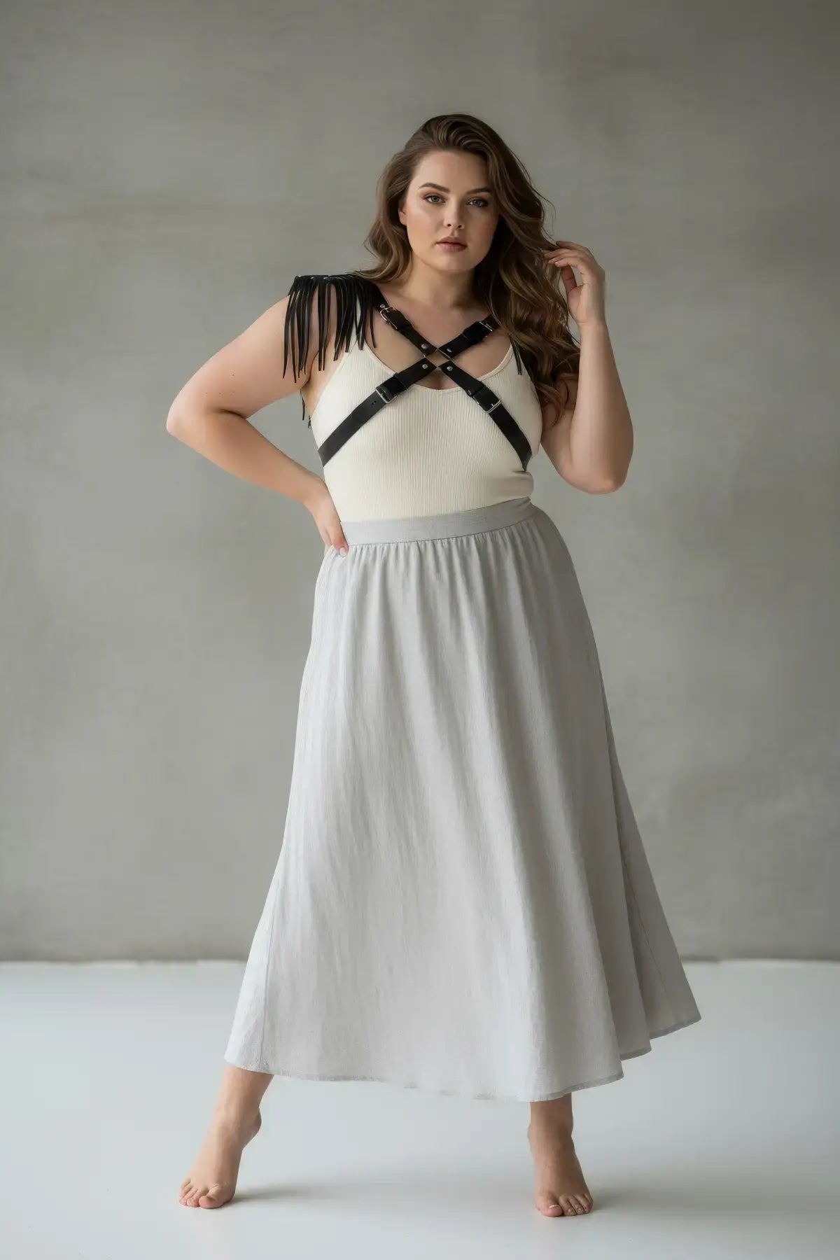 Plus-size leather body harness with crossfront straps and shoulder tassel detail, black, HarnessClub