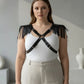 Plus Size Leather Body Harness with Shoulder Tassel Detail by HarnessClub, black leather with cross-front straps.