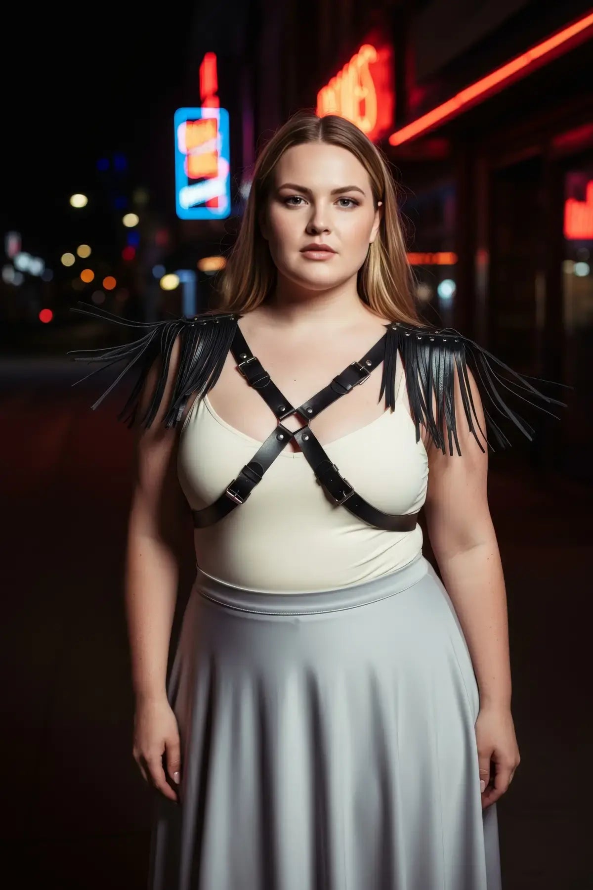 Plus-size black leather body harness with cross straps and shoulder fringe tassels, buckled front design
