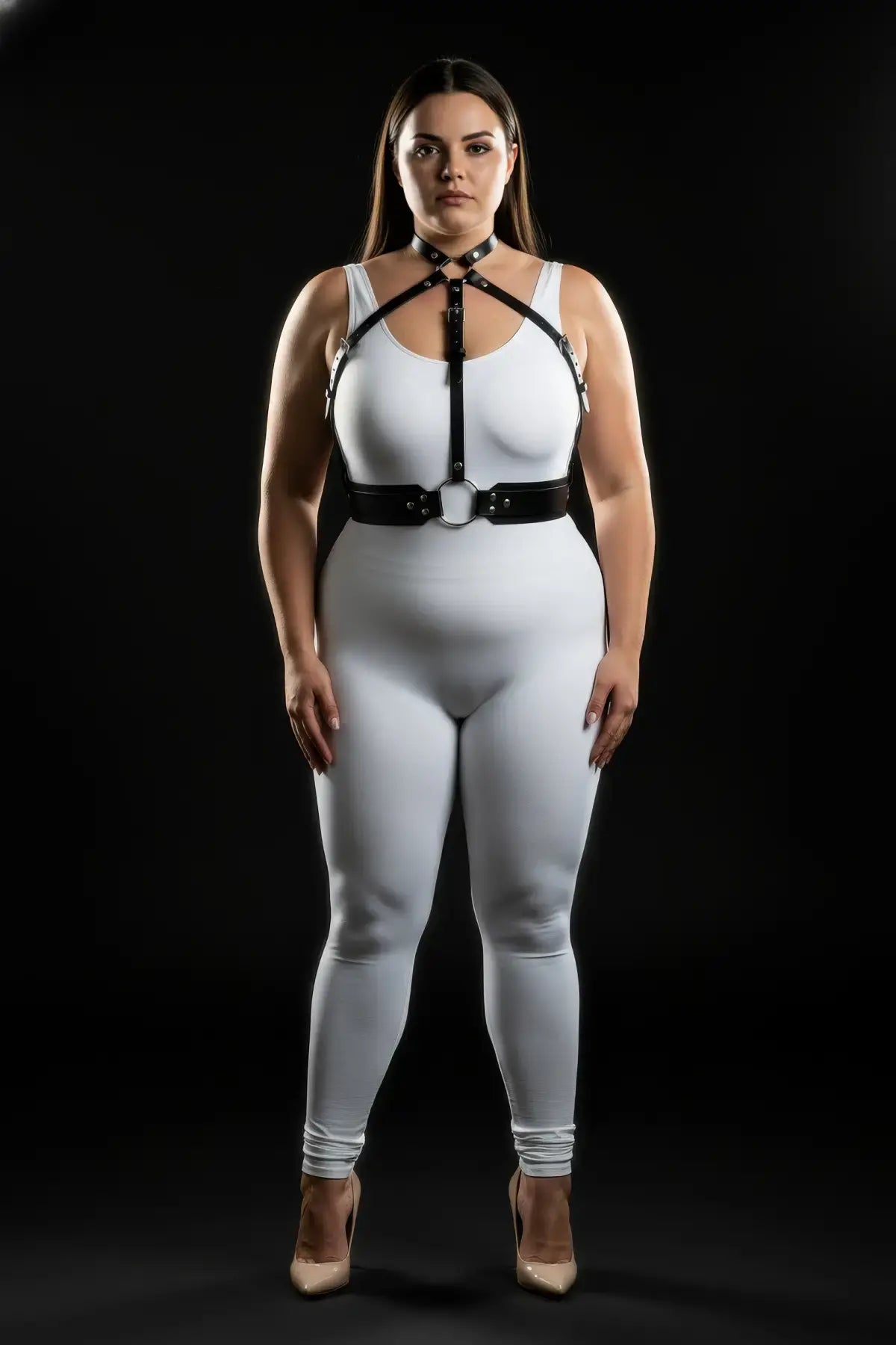 HarnessClub plus-size vegan leather chest harness with choker collar and waist belt worn over a white bodysuit