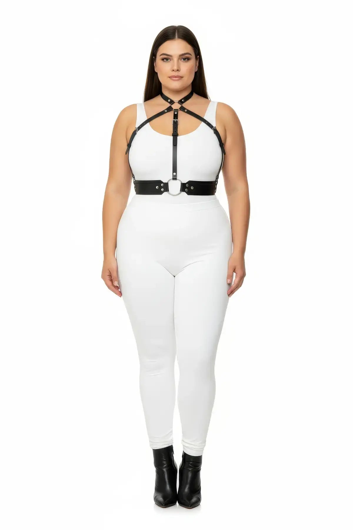 Plus-size minimalist chest harness with choker collar and waist belt in black vegan leather