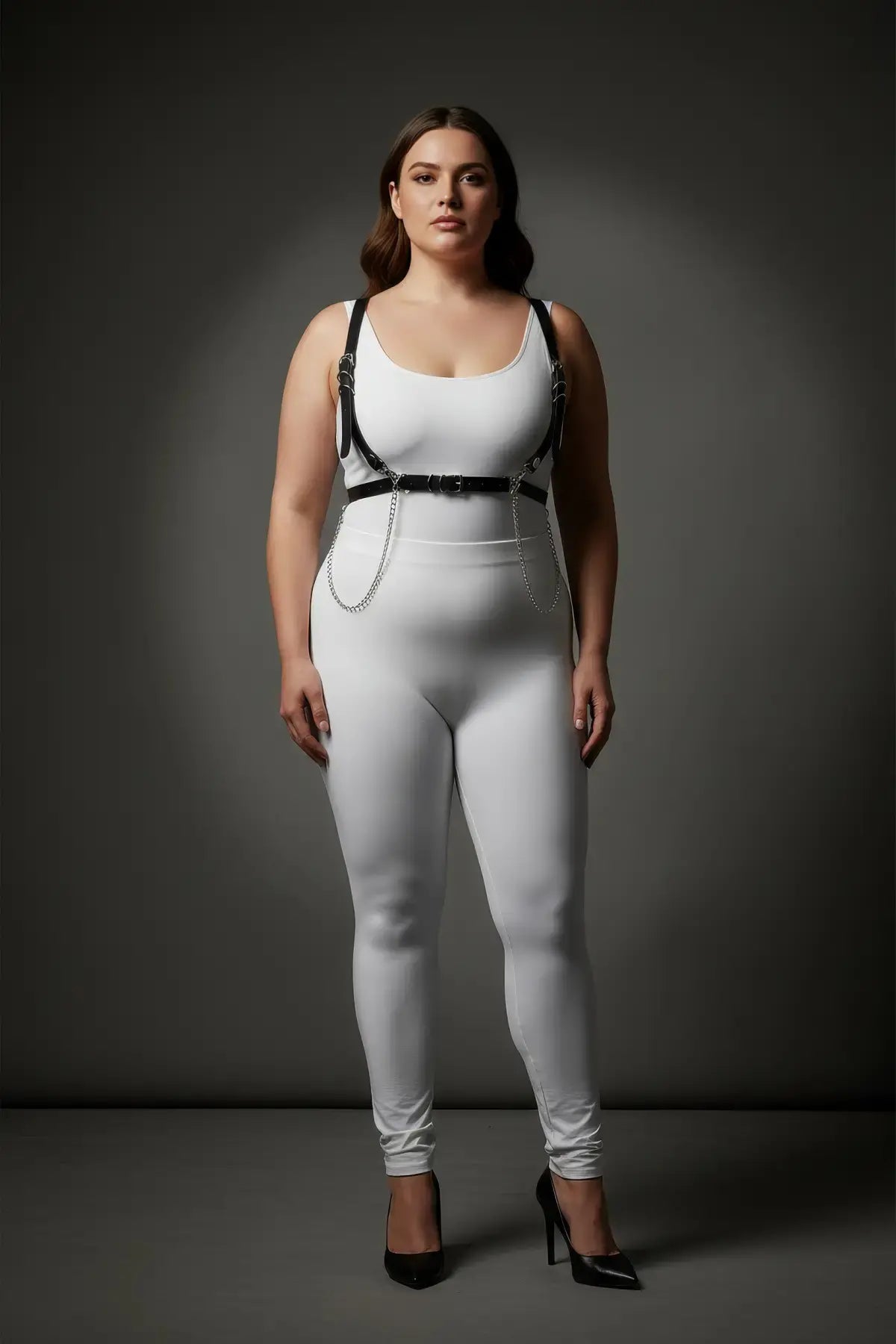 Plus Size Minimalist Shoulder Strap Harness with Chain Tails, black vegan leather with silver chains over white bodysuit
